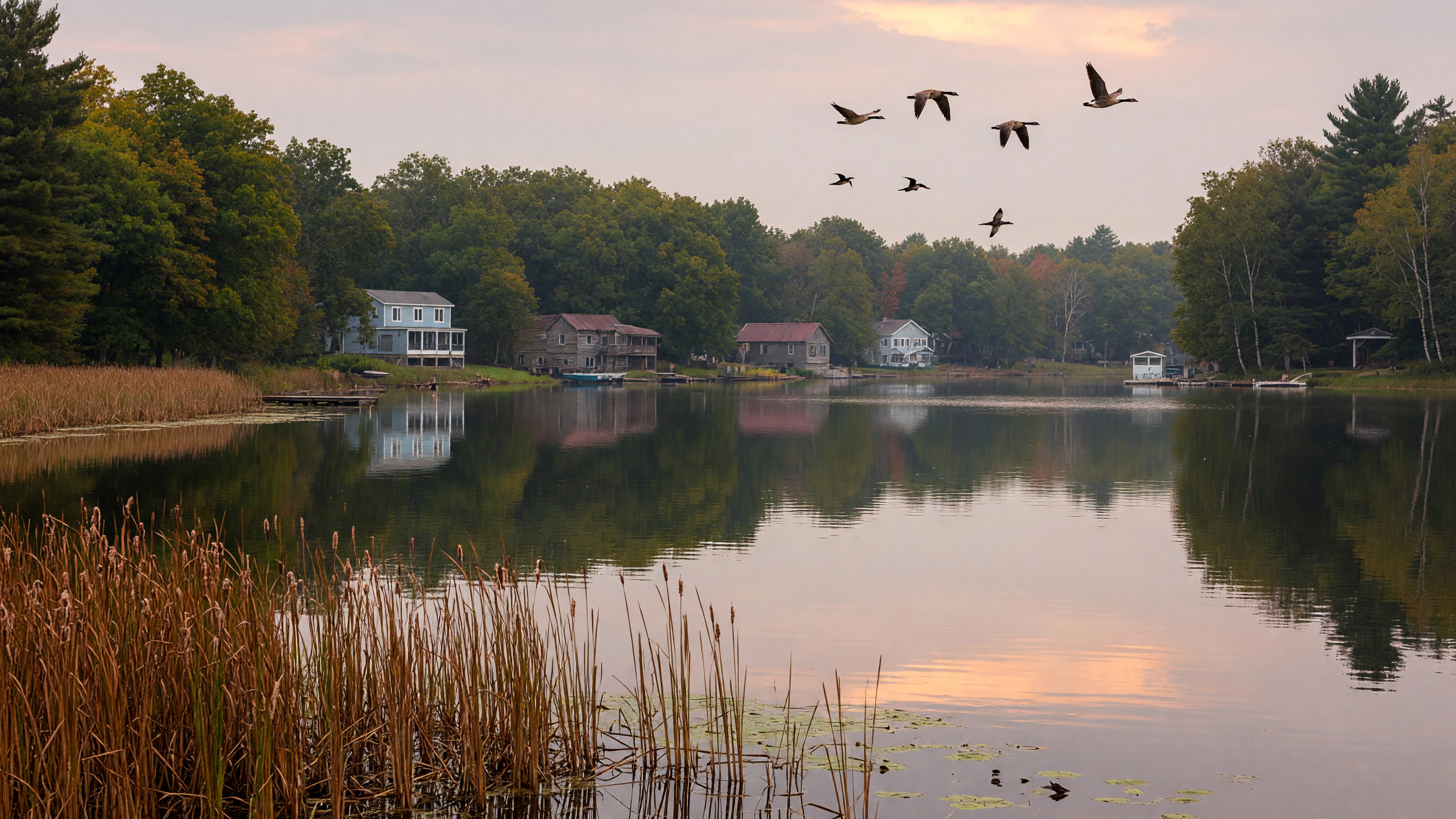 Calm lake scene in Elba Township, Lapeer County, Michigan