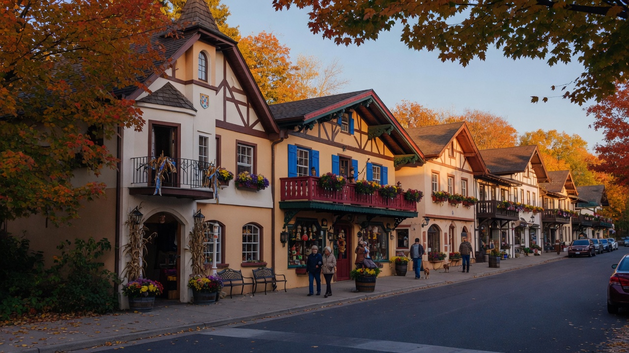 Bavarian-themed downtown Frankenmuth Michigan with colorful buildings and flower boxes along Main Street