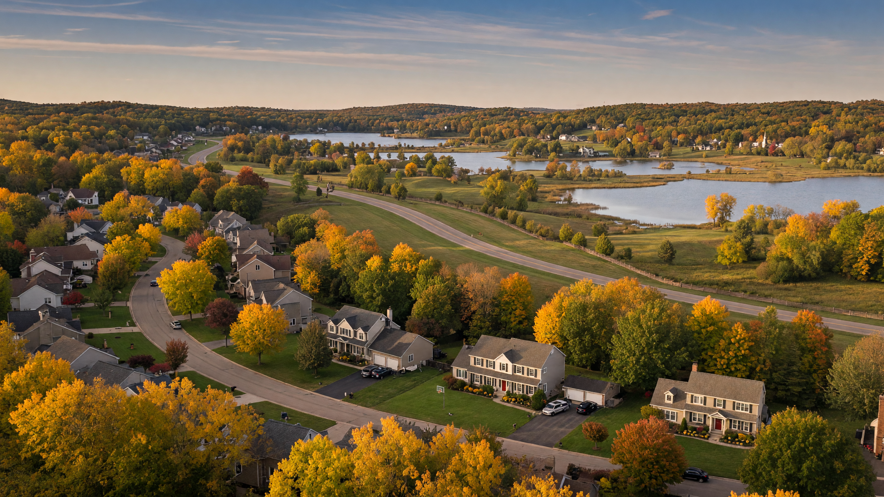 Aerial view of Livingston County Michigan communities surrounded by autumn foliage and rolling terrain
