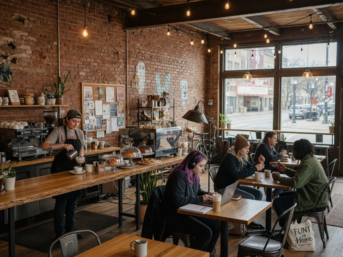Trendy coffee shop in a Michigan cultural district with exposed brick and young adults