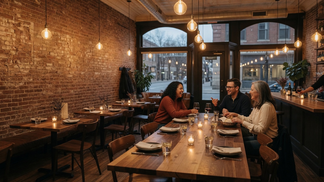 Warm restaurant interior with ambient lighting for a dinner gathering
