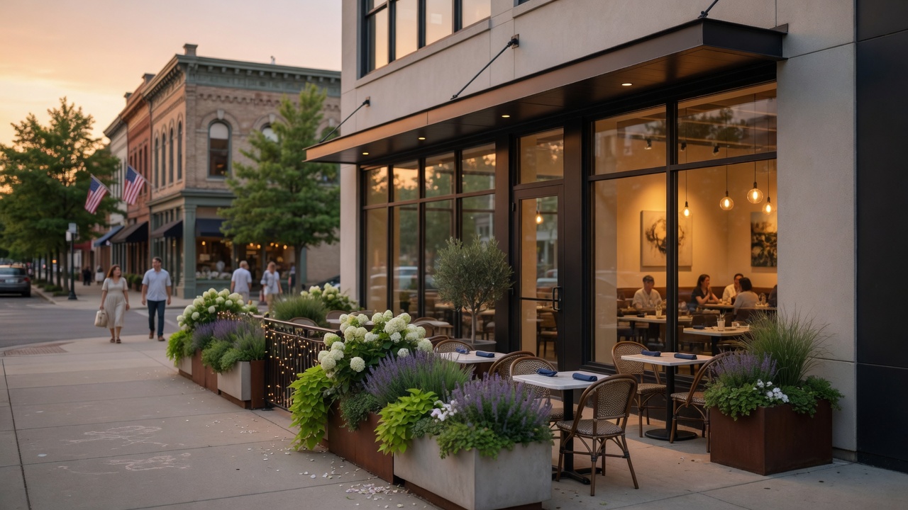 Position Restaurant exterior on a summer evening in downtown Brighton, Michigan
