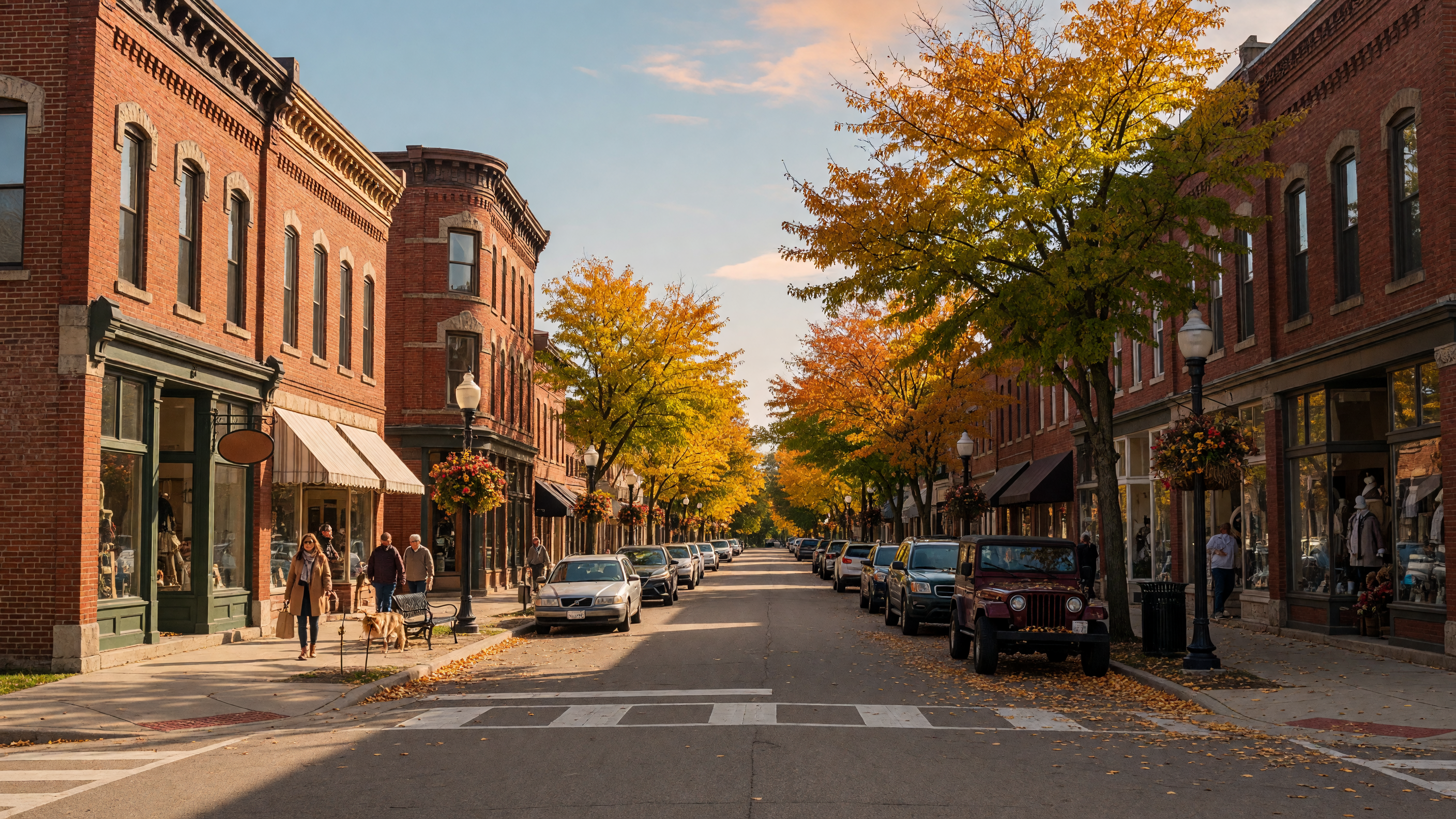 Downtown Farmington Michigan village with historic brick buildings and tree-lined streets