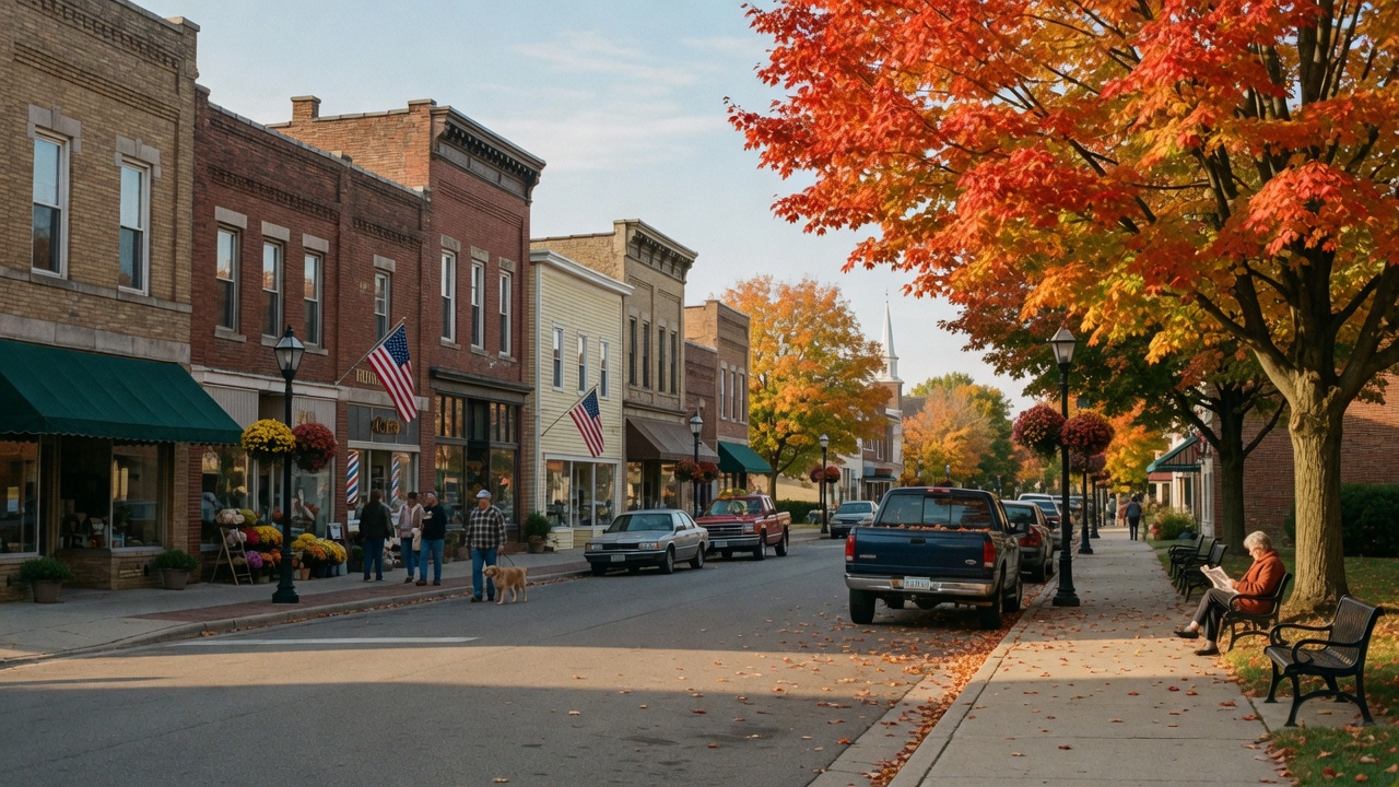 Historic storefronts along Main Street in Bridgeport Michigan with autumn trees