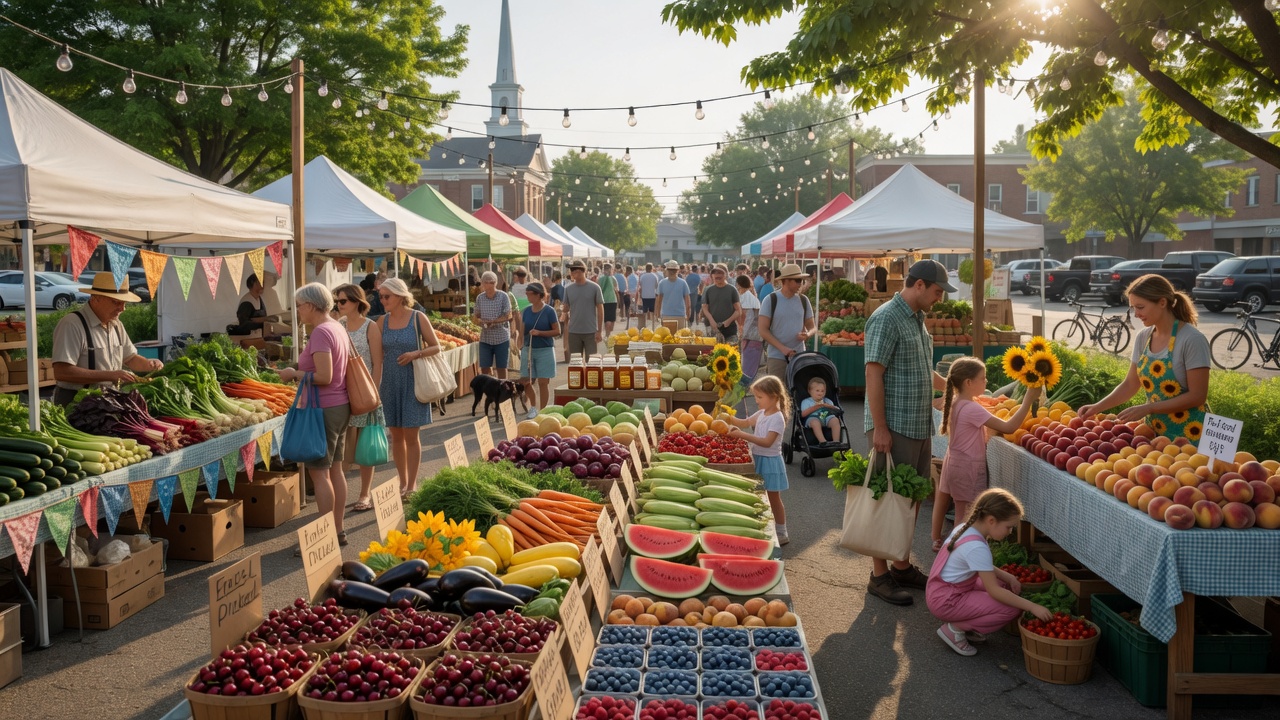 Outdoor farmers market on a Saturday morning in Michigan