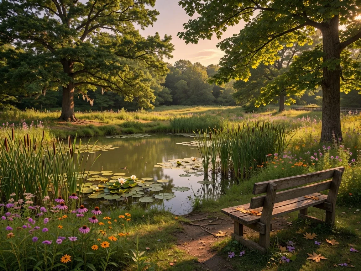A peaceful meadow pond with cattails and a wooden bench at For-Mar Nature Preserve and Arboretum in Burton, Michigan