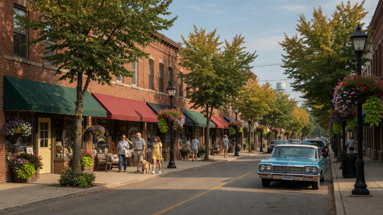 Charming small town Main Street in Michigan