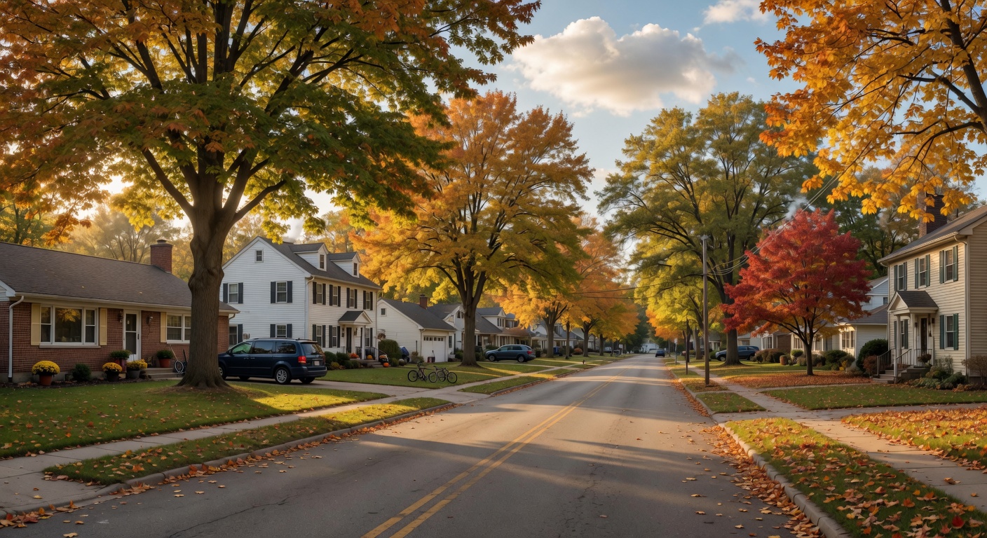 Tree-lined residential street in Genesee Township, Michigan with spacious lots, mature hardwood trees, and well-maintained homes