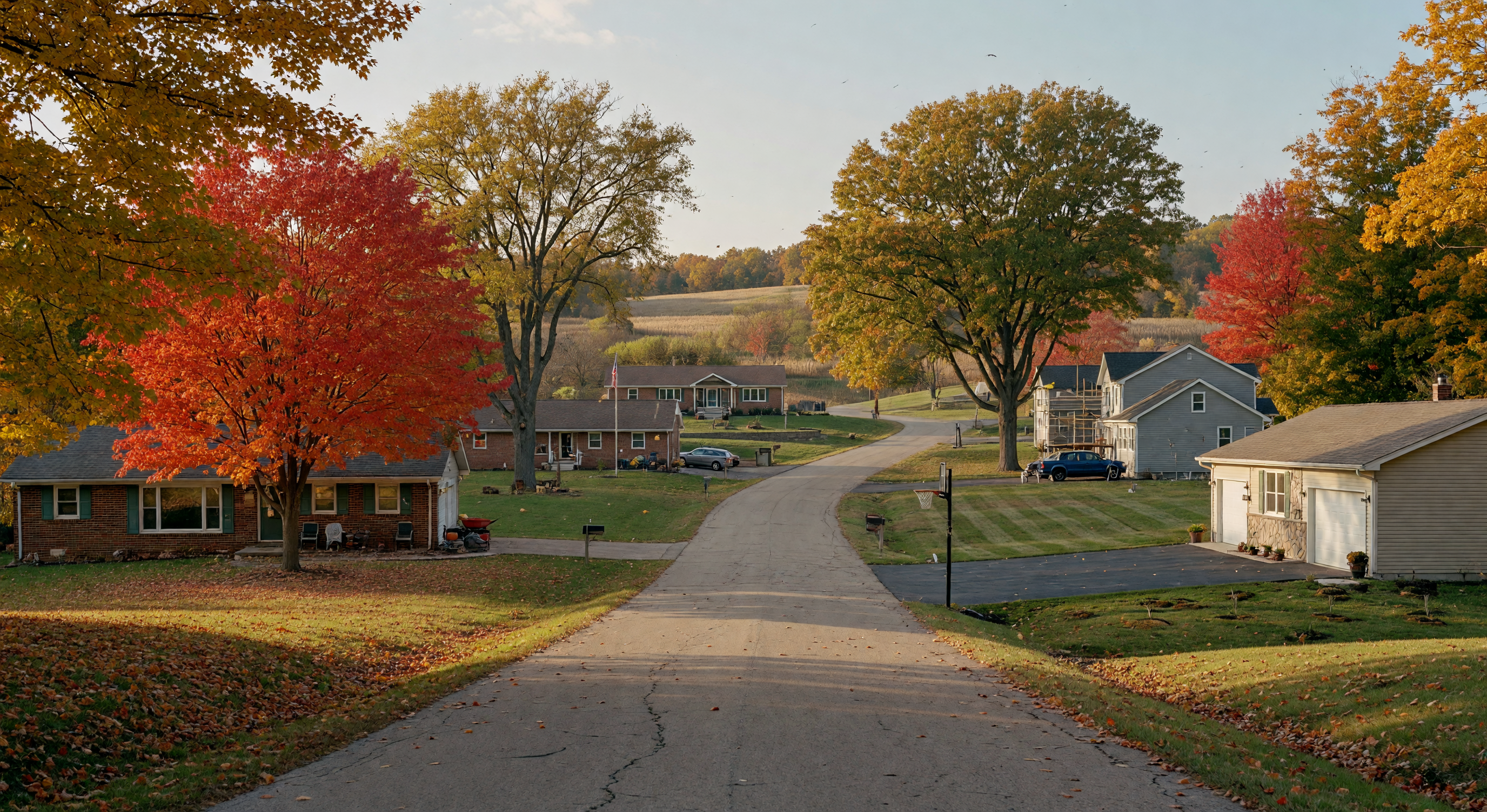Tree-lined residential street in Goodrich, Michigan with spacious lots, mature trees, and a peaceful rural setting