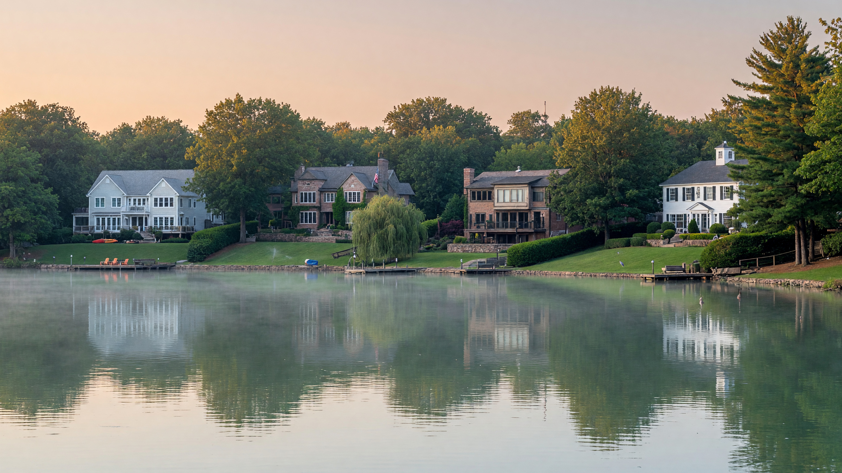Scenic lakefront view in West Bloomfield Michigan with tree-lined shores and homes