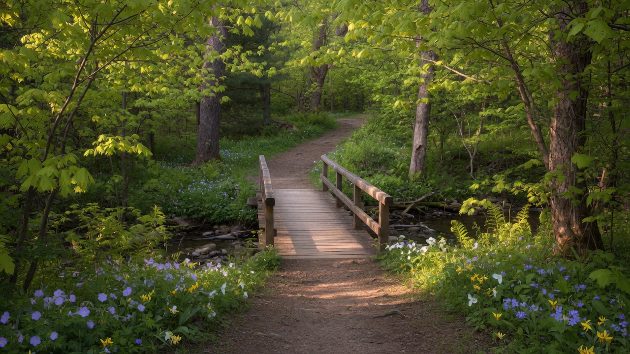 Peaceful hidden nature trail through a Michigan forest with dappled sunlight