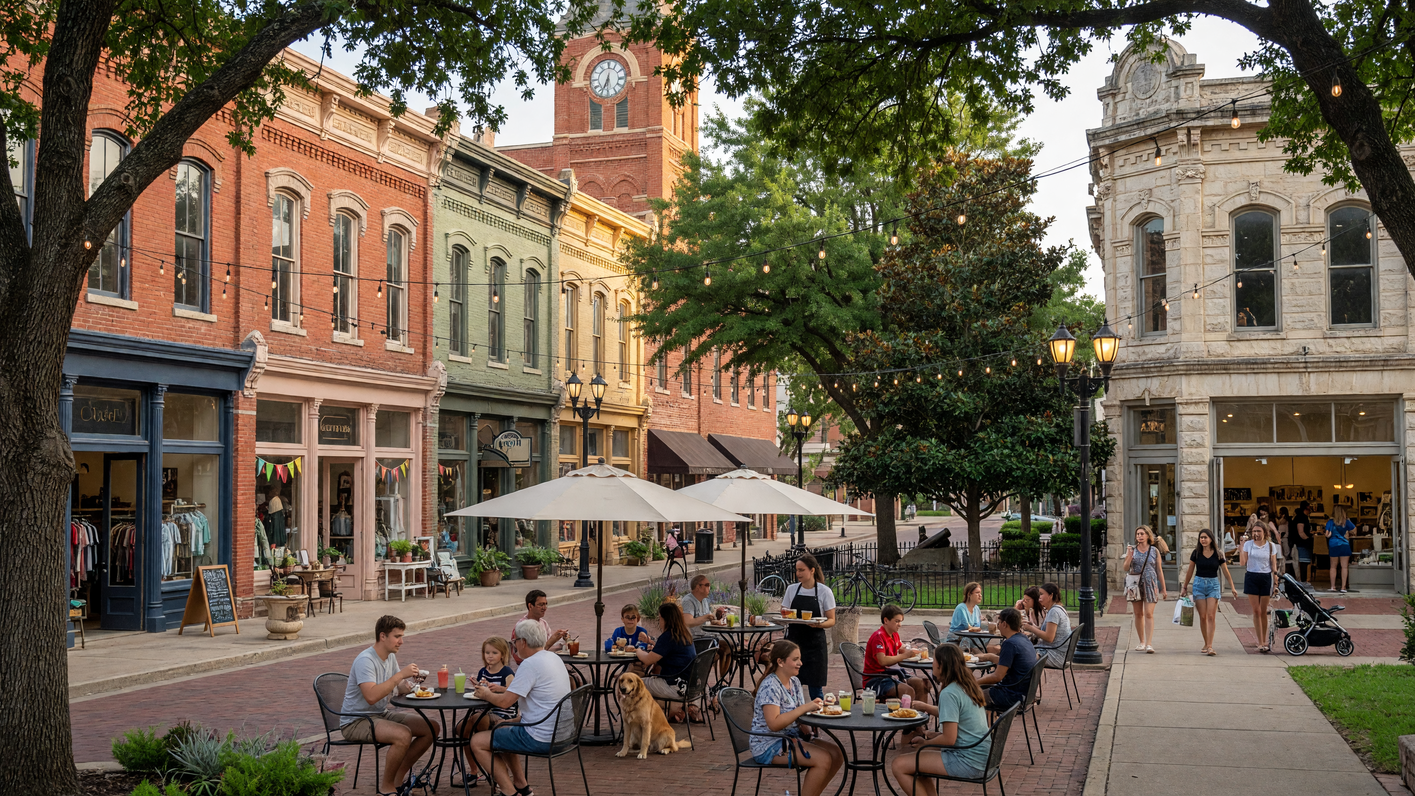 Charming historic downtown McKinney, Texas with boutique shops, outdoor dining, and tree-lined streets