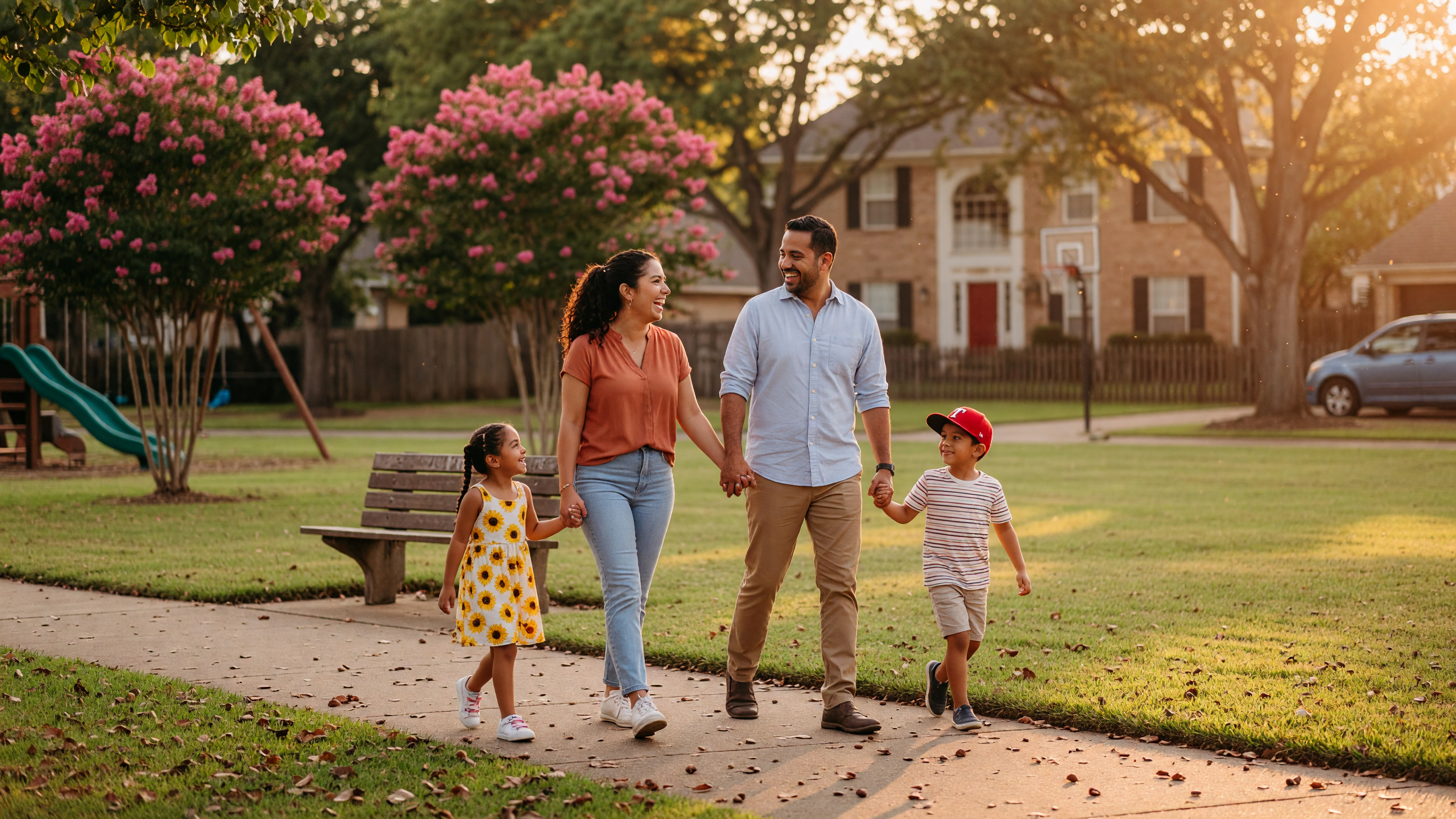 Suburban North Texas home at golden hour with mature trees and a manicured lawn