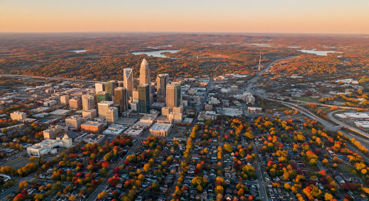 Aerial view of Charlotte NC skyline at dusk with illuminated city buildings and surrounding neighborhoods