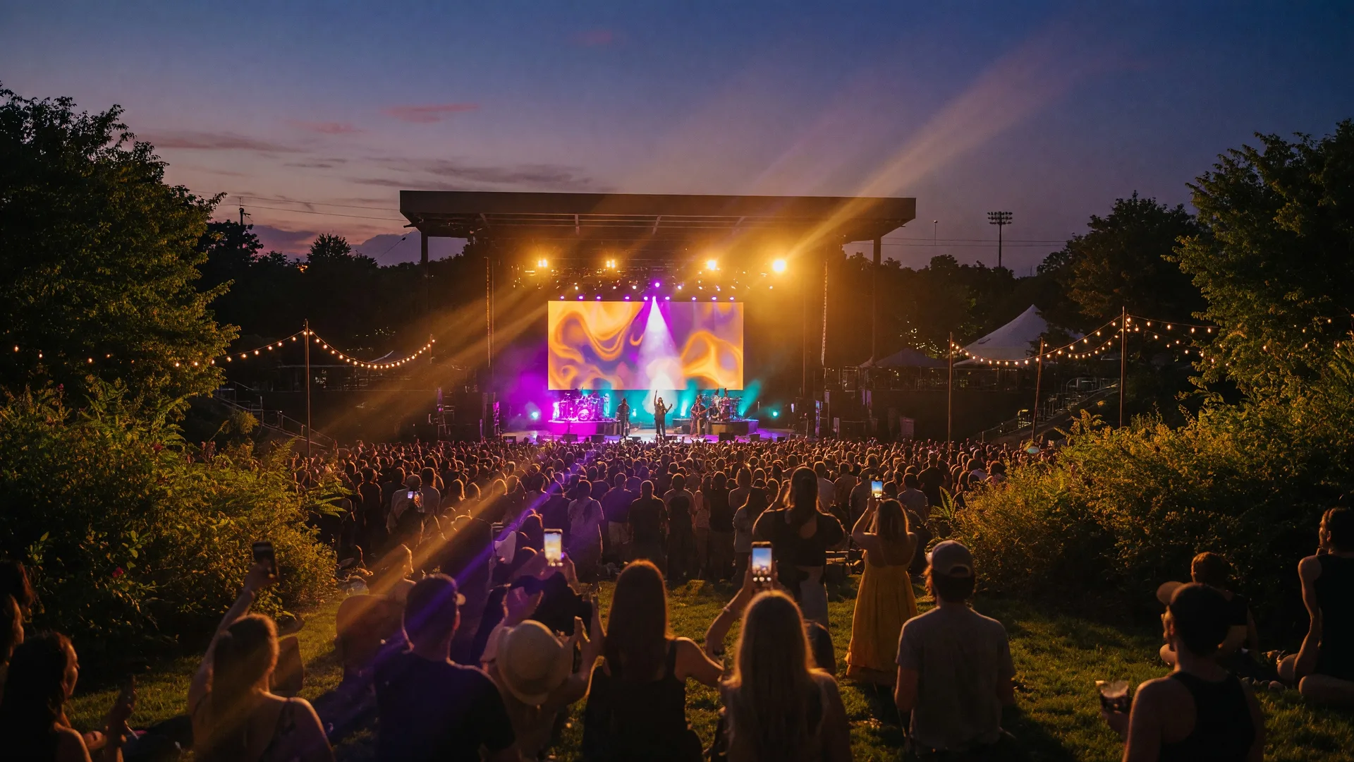 Summer concert at Truliant Amphitheater in Charlotte NC with colorful stage lights and a full lawn crowd on a warm August evening