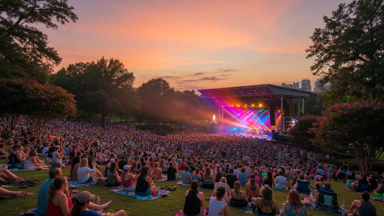 Summer concert crowd at an outdoor amphitheater in Charlotte NC at golden hour with stage lights and warm sky