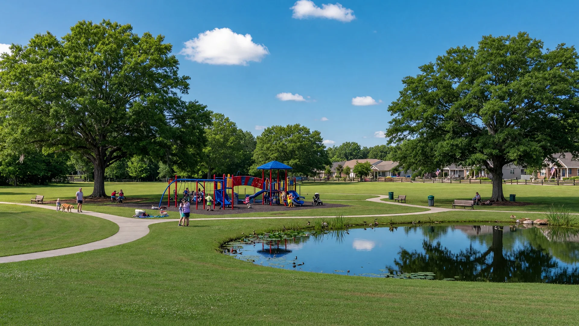 Community park in Indian Trail North Carolina with playground, walking paths, and green space on a summer afternoon