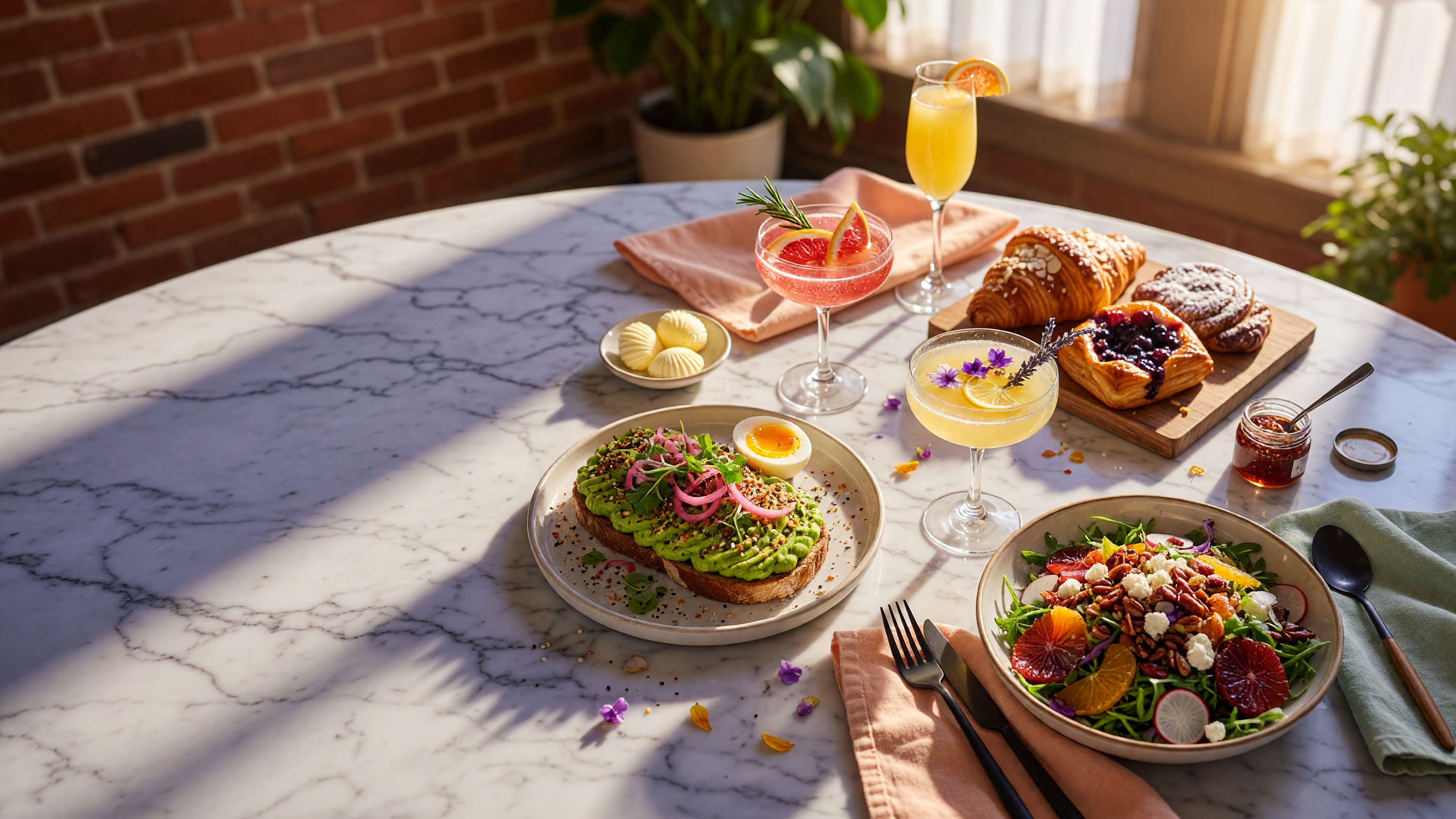 Beautiful brunch spread at a Charlotte restaurant with craft cocktails and fresh pastries