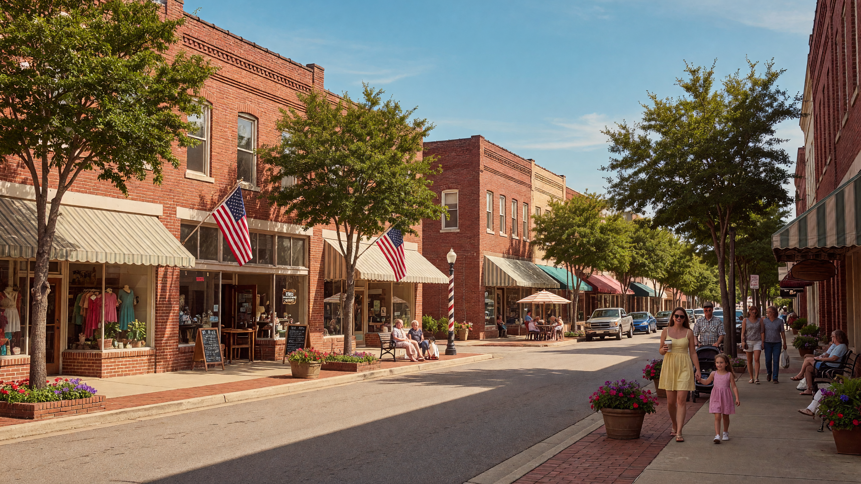 Charming downtown Matthews NC with brick storefronts and community gathering space
