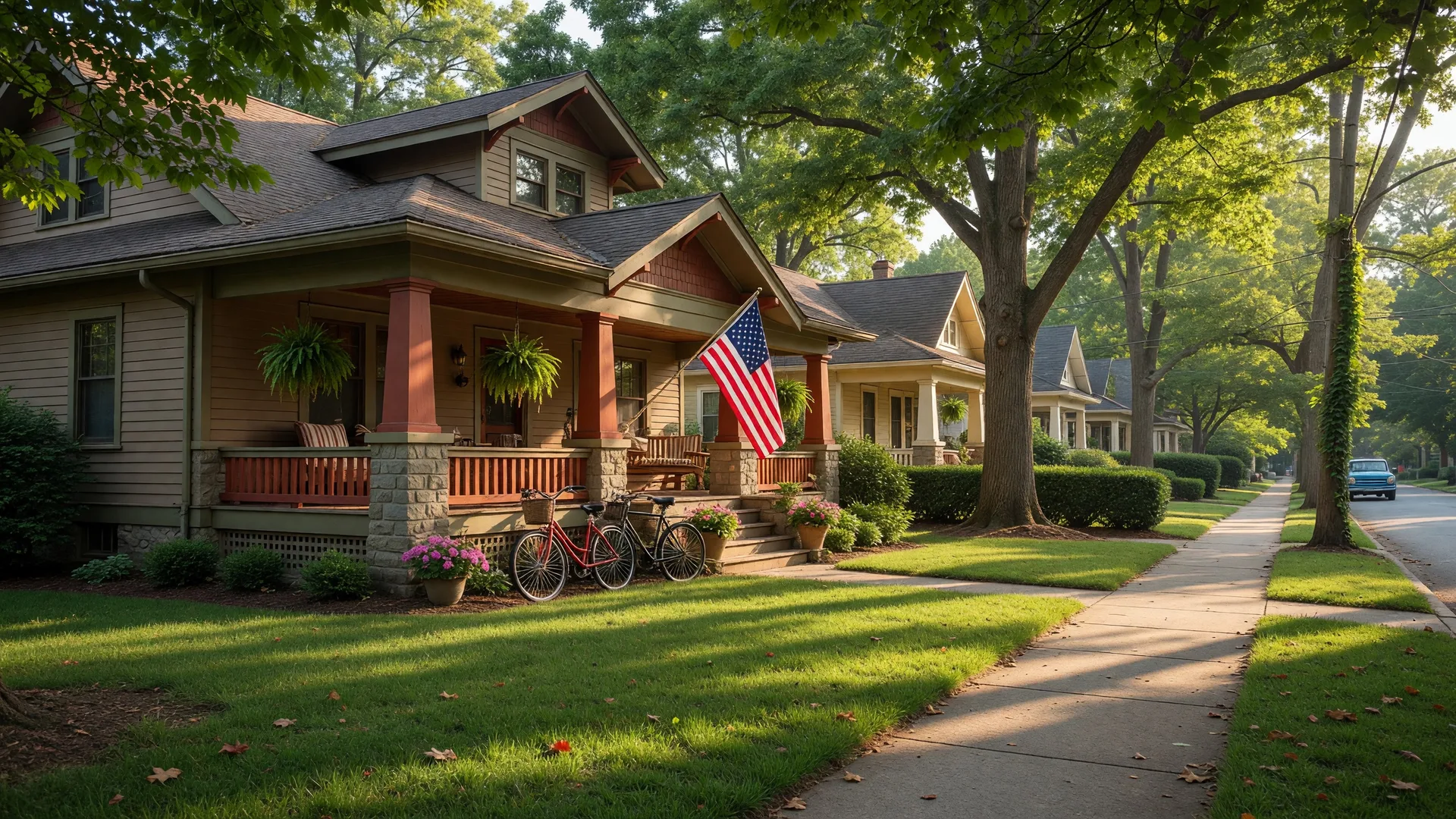 Charming 1920s Craftsman bungalow with wide front porch and mature hardwood trees on a tree-lined street in Wesley Heights Charlotte NC