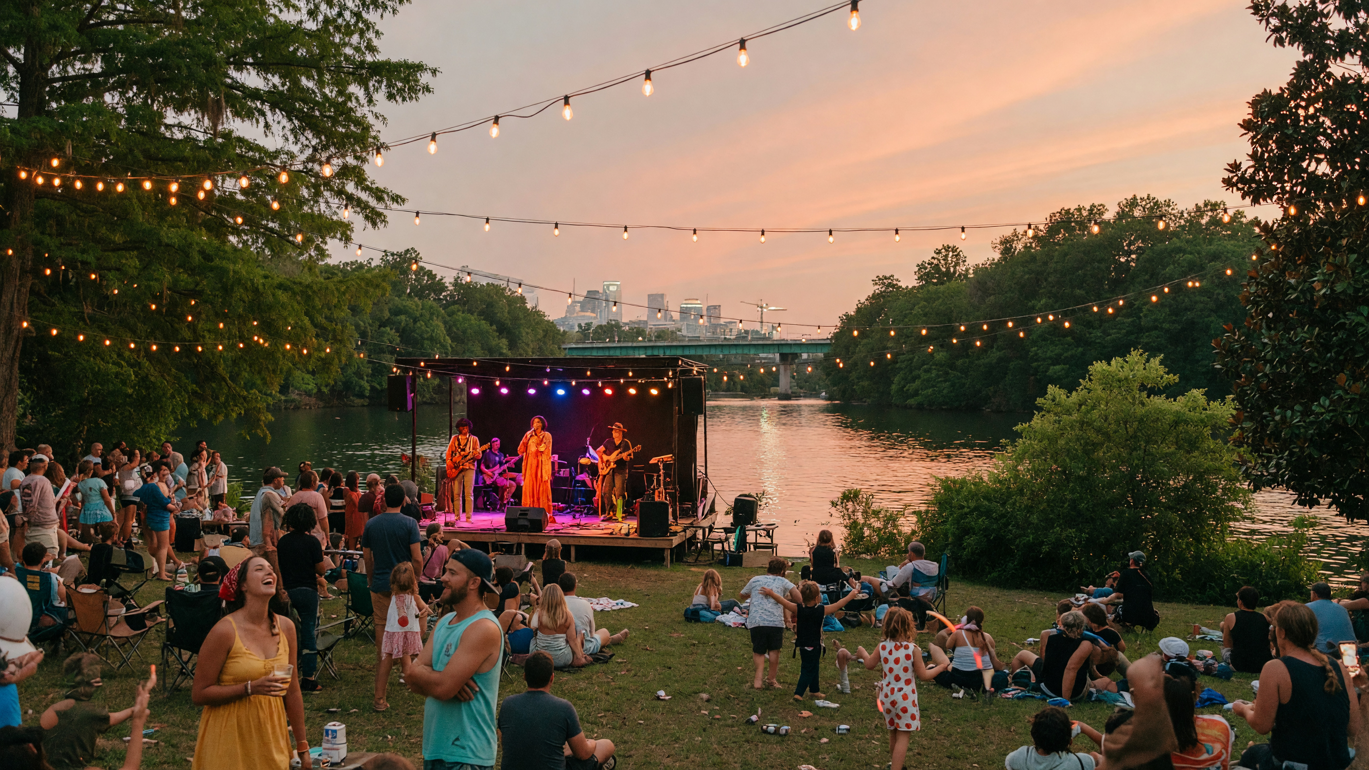 Summer evening outdoor concert scene at the U.S. National Whitewater Center in Charlotte NC with string lights, live music, and crowd along the river
