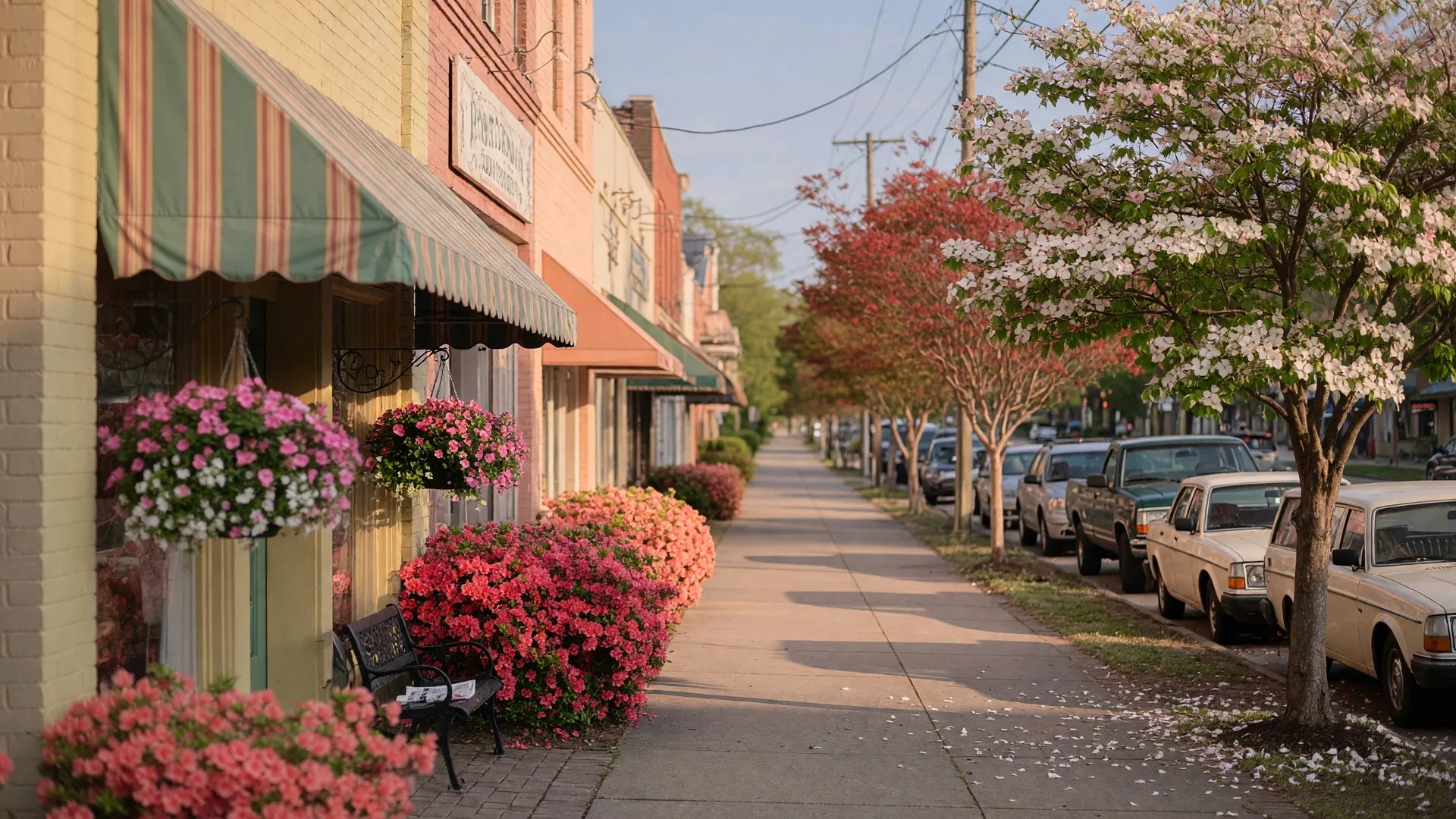 Quiet tree-lined Main Street in Mint Hill NC with small-town storefronts and hanging flower baskets in warm afternoon light