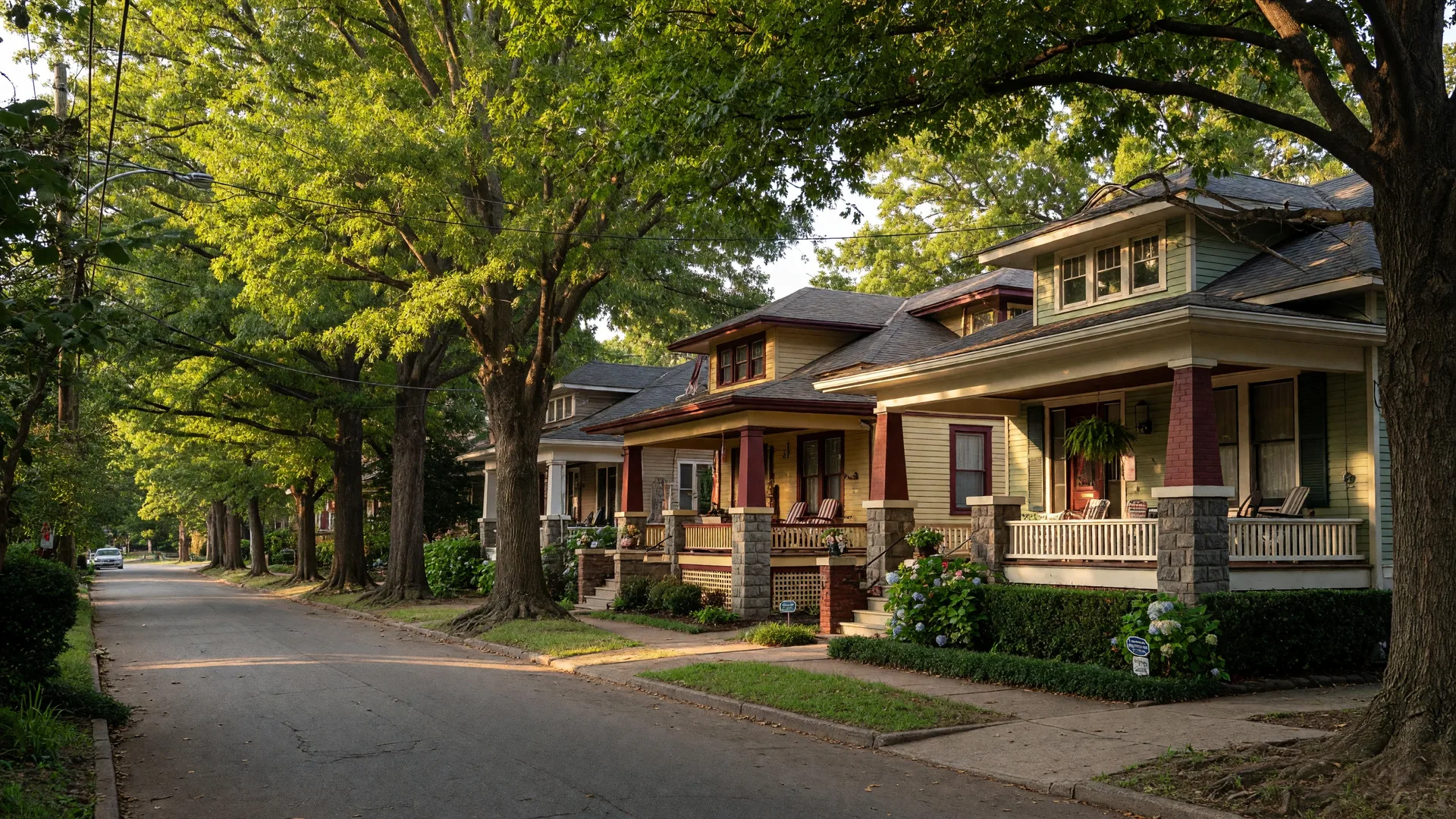 Charming 1920s Craftsman bungalow with wide front porch and mature hardwood trees on a tree-lined street in Belmont Charlotte NC