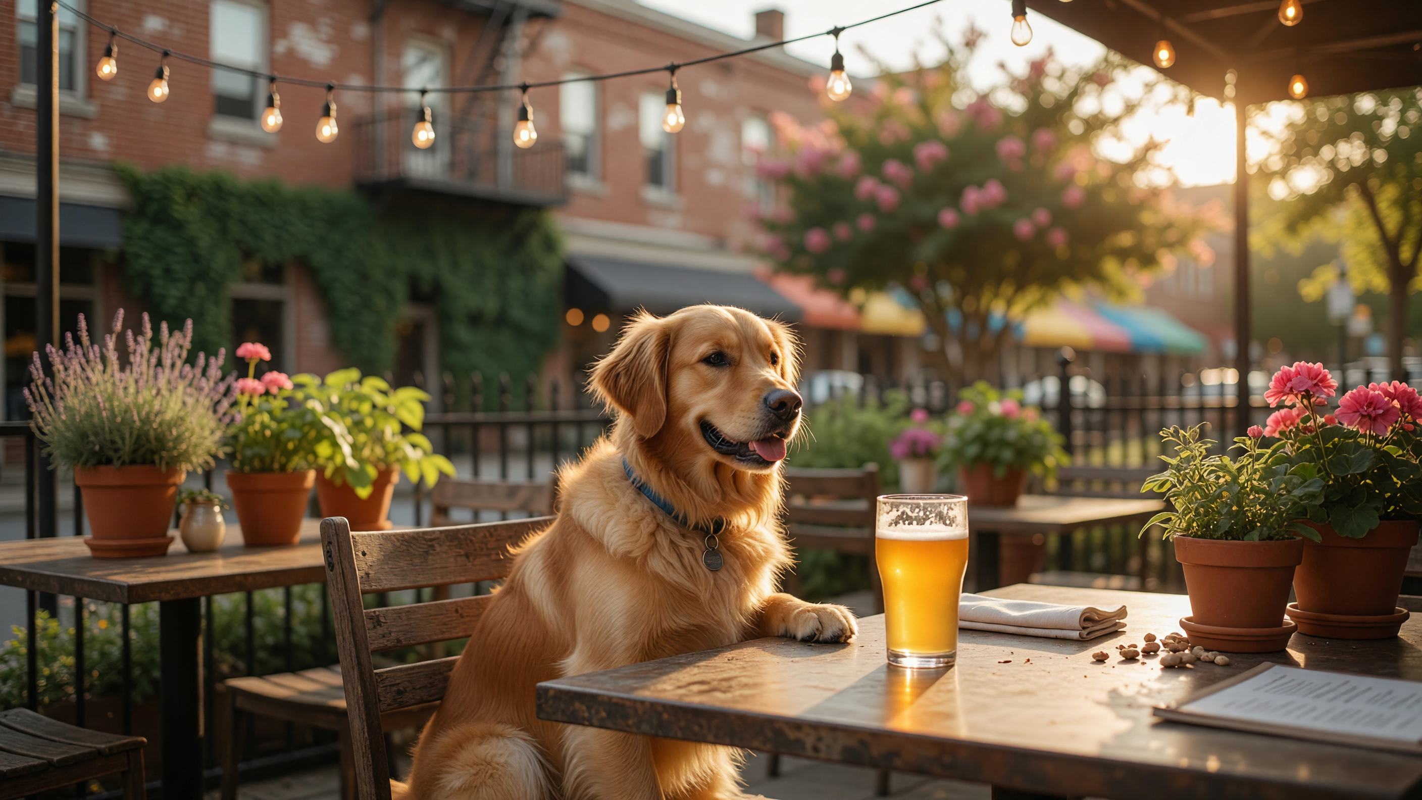 A dog relaxing on a sunny outdoor patio in a Charlotte NC neighborhood