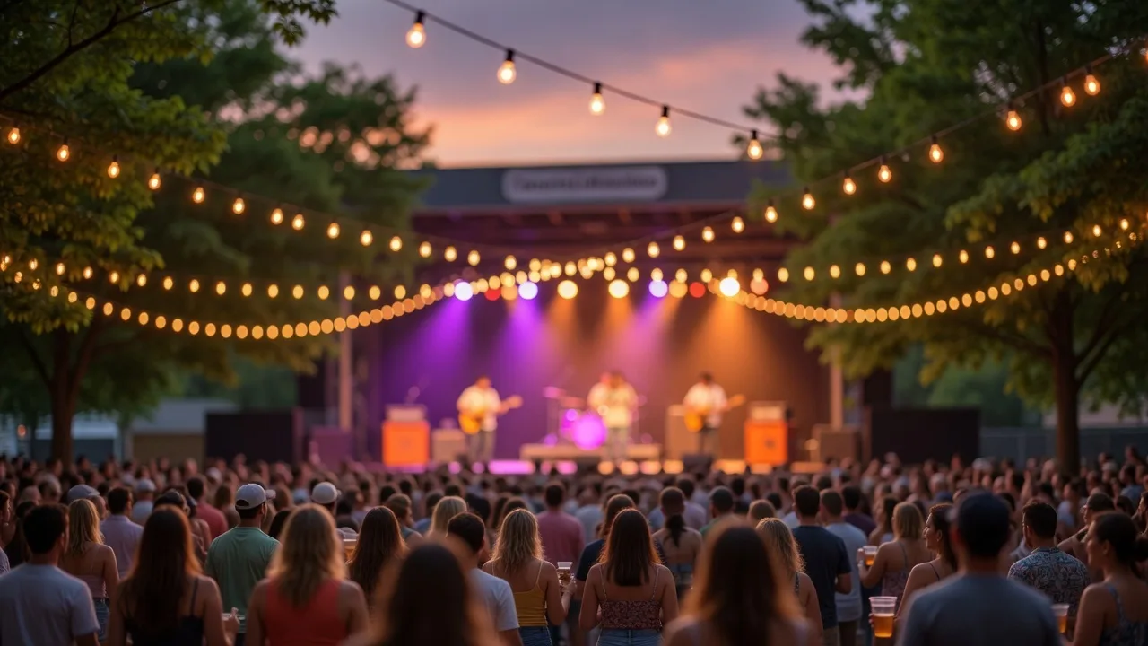 Outdoor summer concert at dusk with string lights and a crowd enjoying live music at an amphitheater in Charlotte NC
