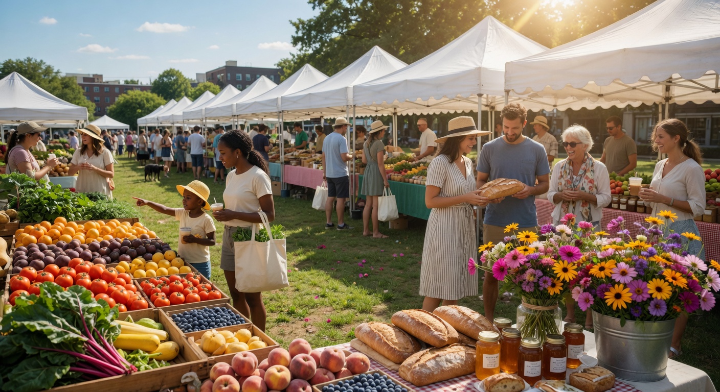 Outdoor farmers market scene with colorful local produce vendors and shoppers at Charlotte Regional Farmers Market