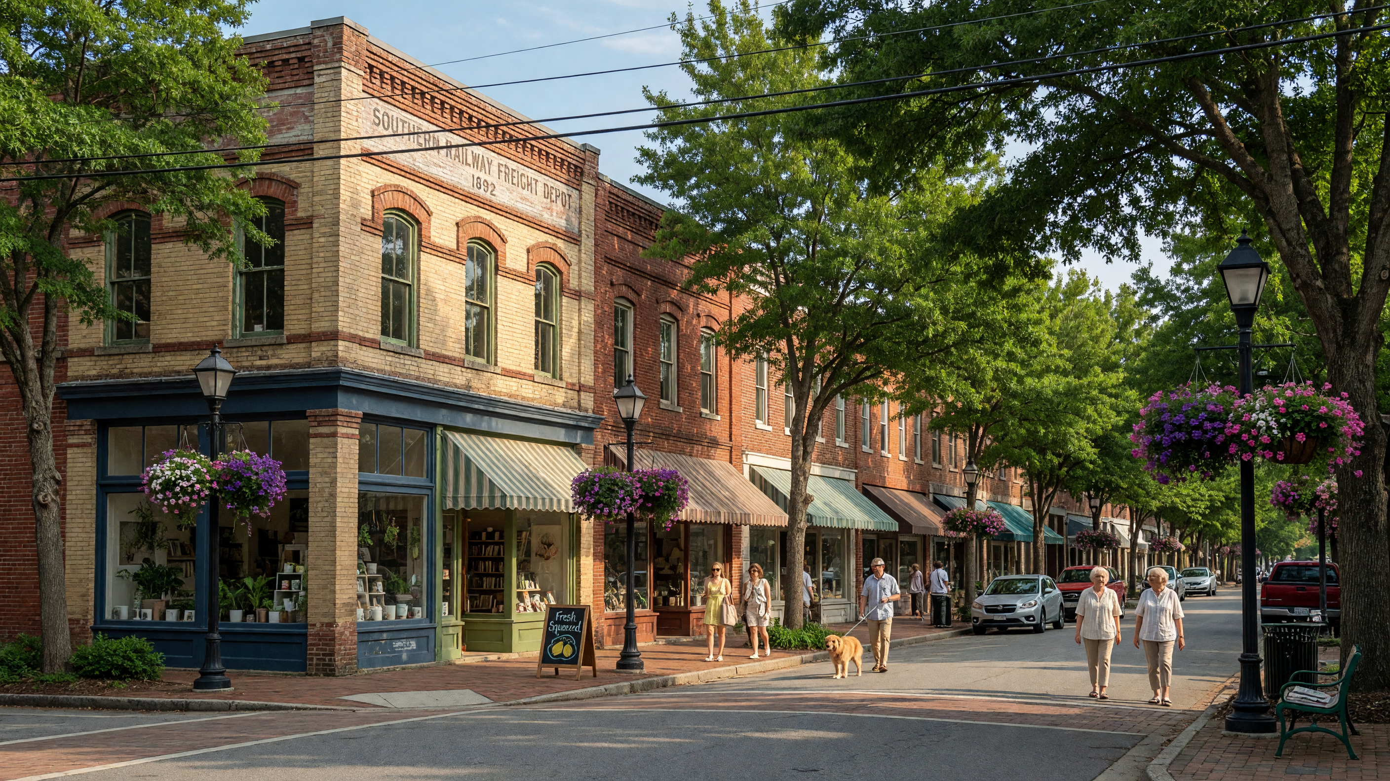 Charming downtown storefronts and shops in Huntersville NC near Charlotte