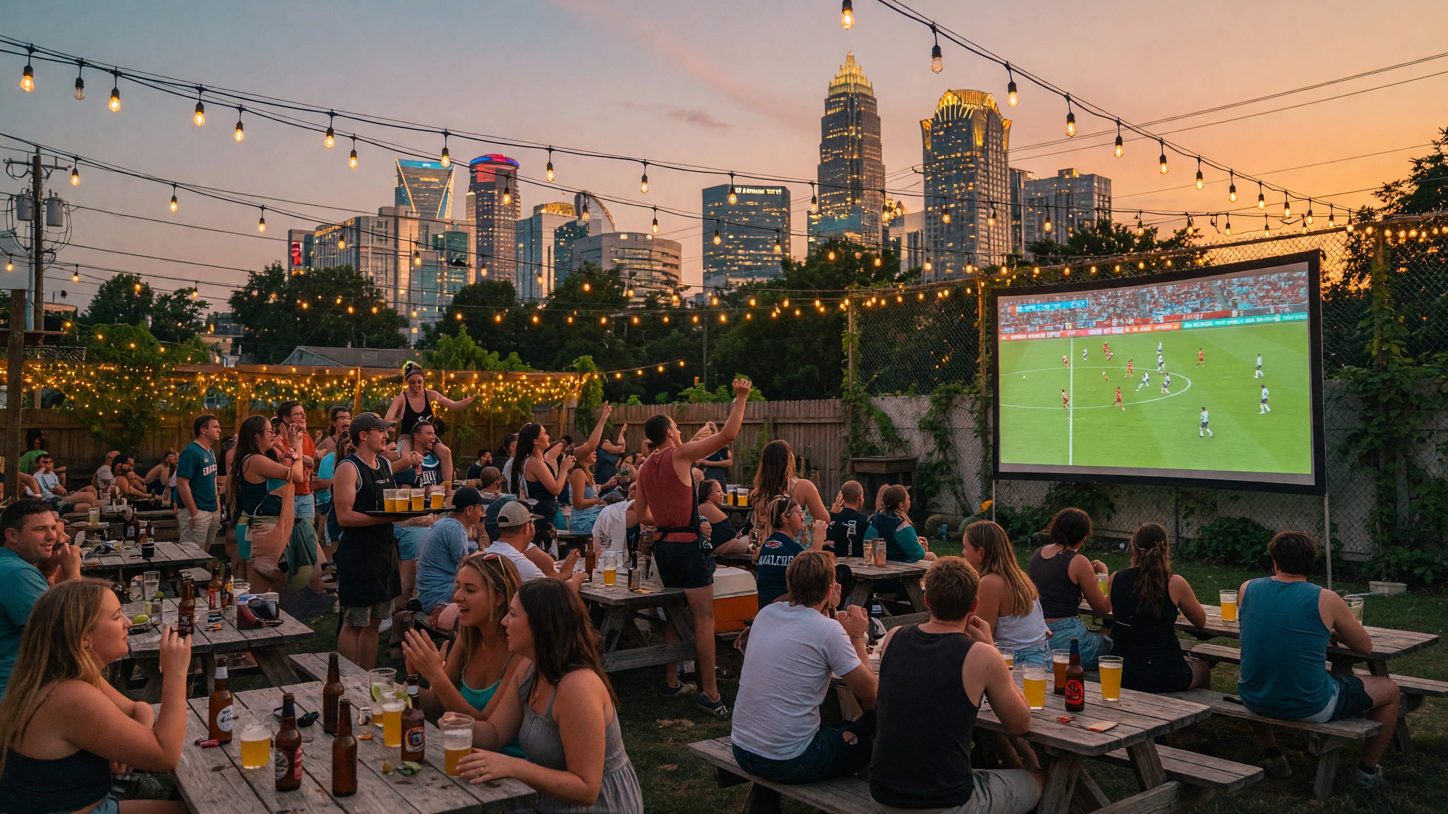 Charlotte NC brewery beer garden with crowds watching a soccer match on a large outdoor screen on a warm summer evening with string lights and the Charlotte skyline