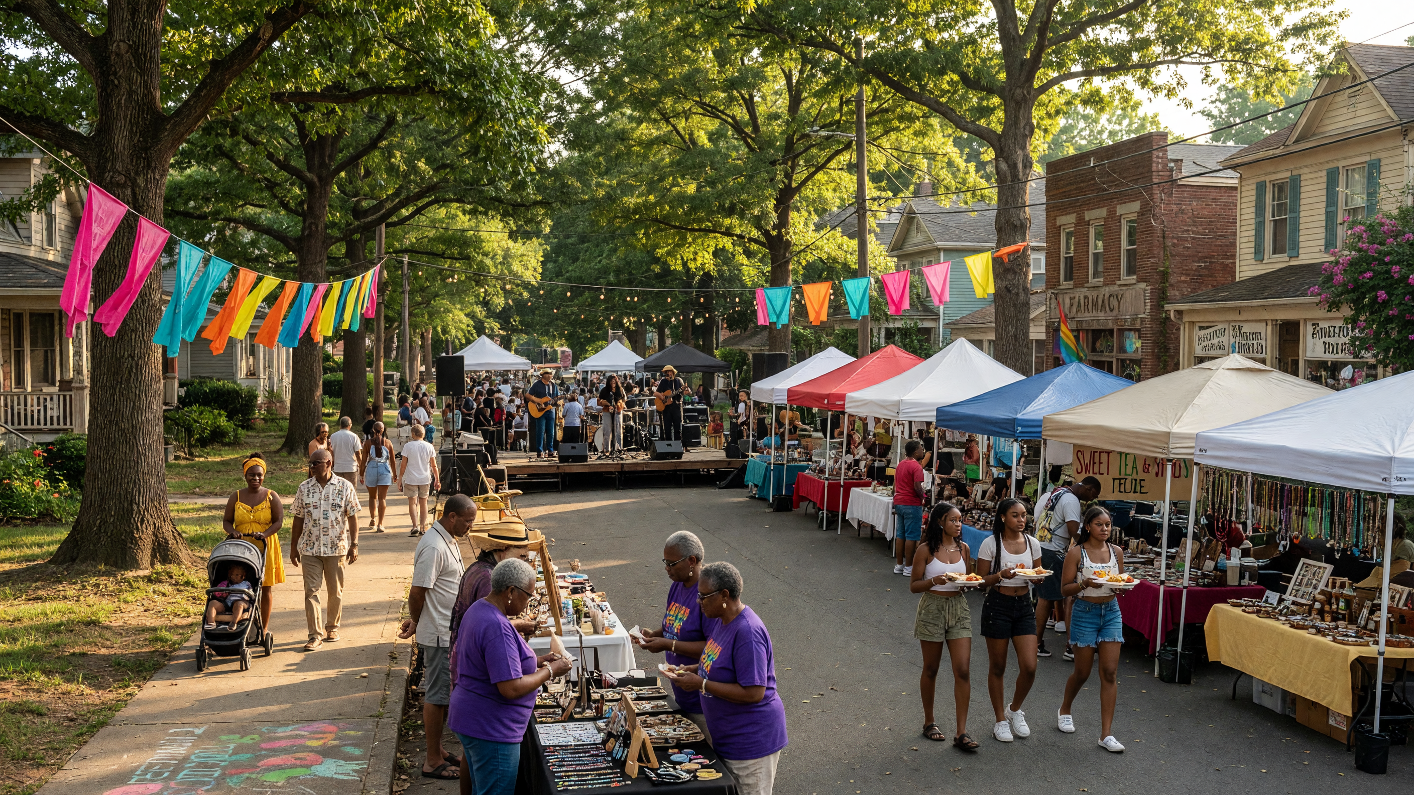 Summer street festival in Charlotte NC with vendors, music, and community gathering