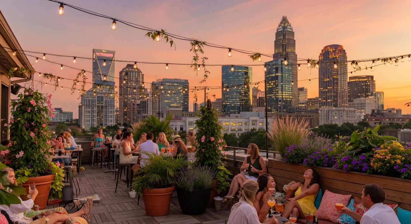 Rooftop patio with Charlotte skyline at golden hour during summer