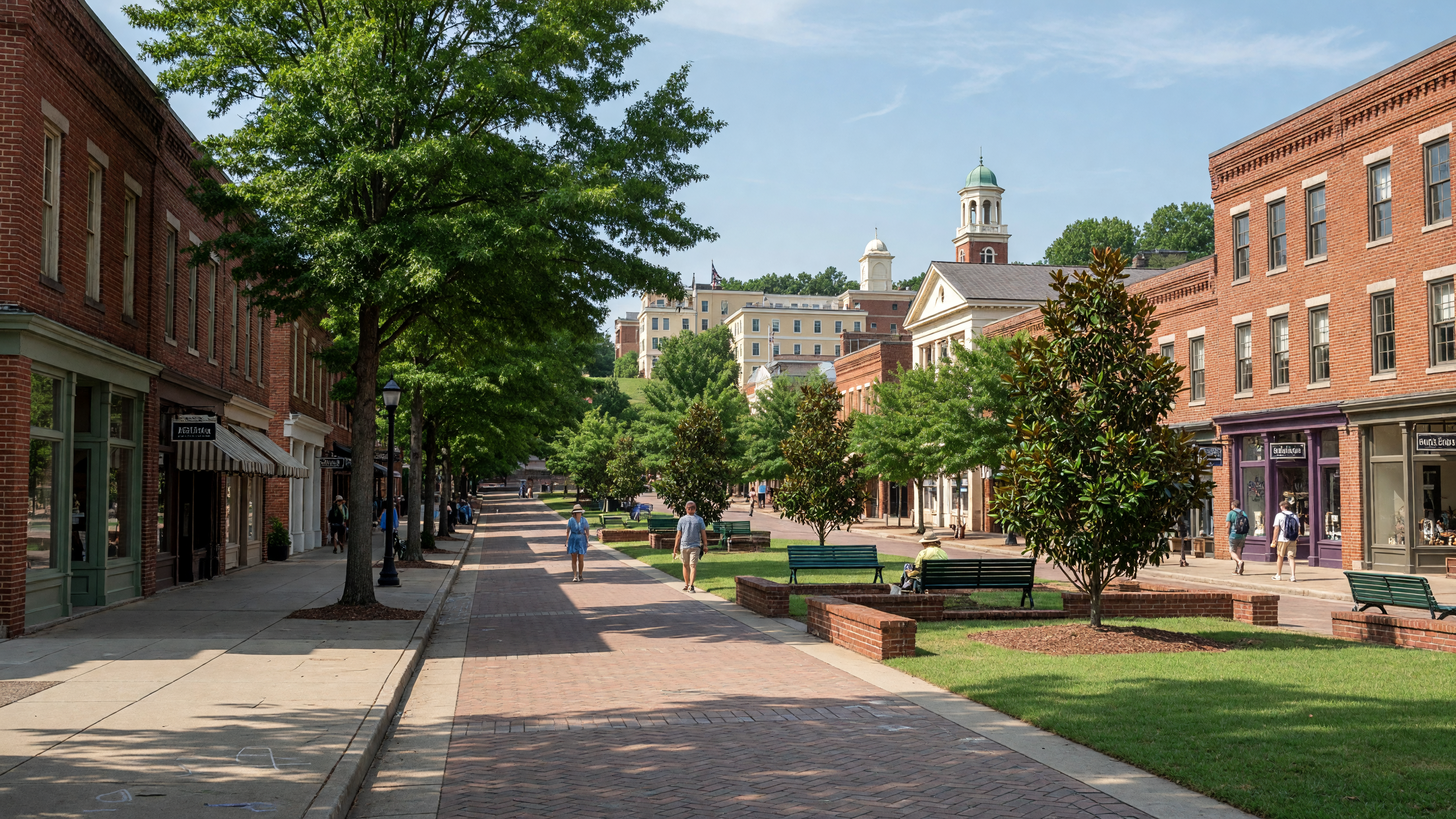 Tree-lined Main Street in downtown Davidson NC showing historic brick buildings and locally owned shops near Davidson College