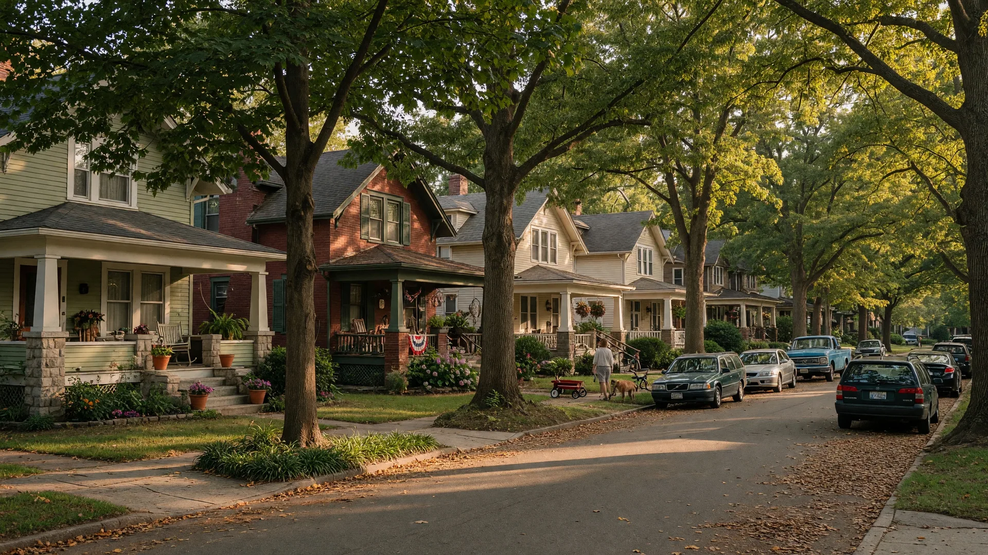 Tree-lined residential street with historic Craftsman bungalows in Chantilly neighborhood Charlotte NC