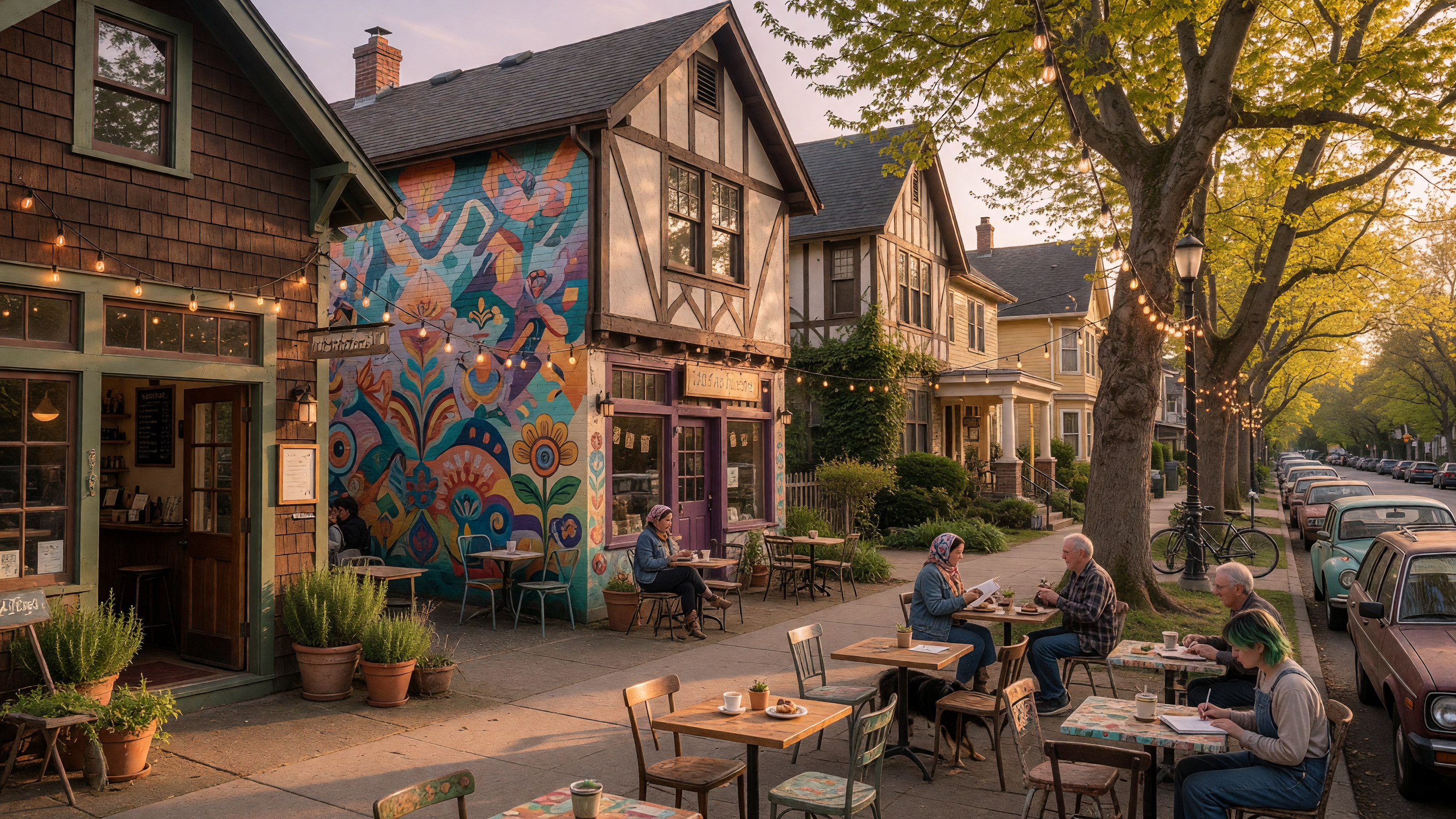 Eclectic storefronts and tree-lined street in Plaza Midwood neighborhood Charlotte NC