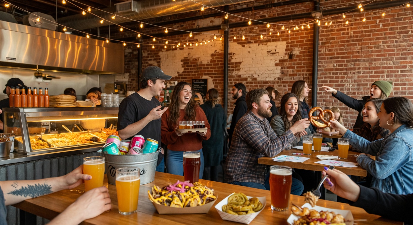 Bustling Optimist Hall food hall scene with diverse dining options in Charlotte NC