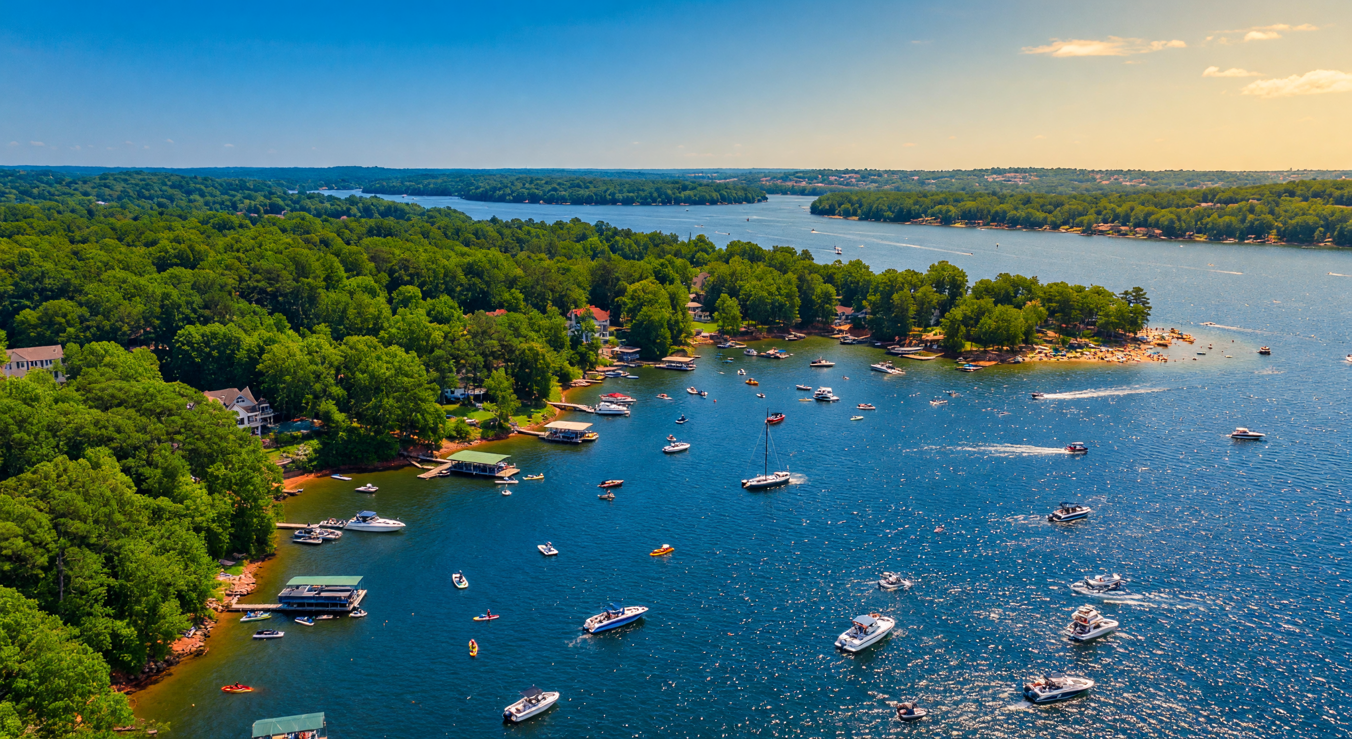 Beautiful Lake Norman waterfront homes near Charlotte NC at golden hour