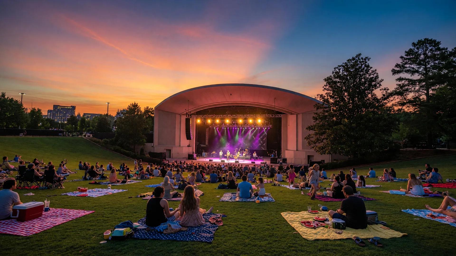 Summer evening concert at an outdoor amphitheater in Charlotte NC with colorful stage lights and crowd on the lawn