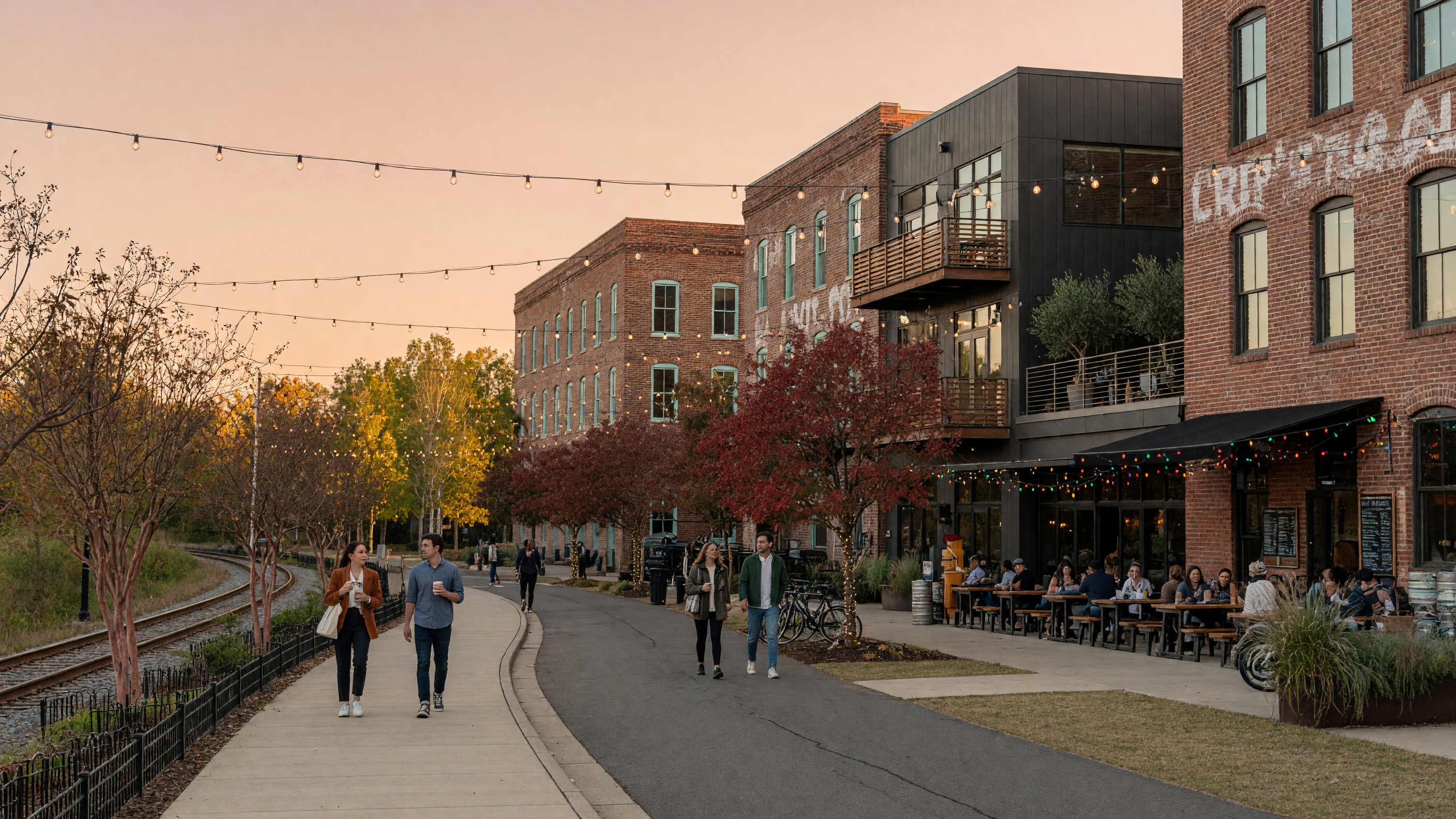 The Charlotte Rail Trail in South End with converted mill buildings and people walking