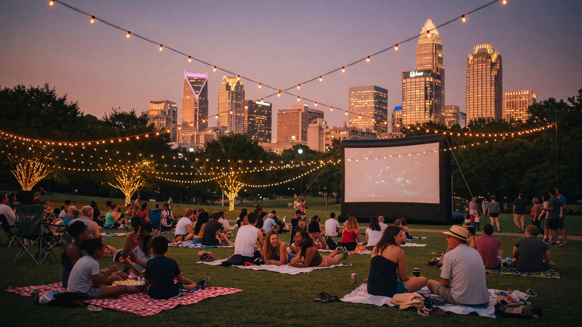 Summer evening in Fourth Ward Park Charlotte NC with string lights, people on blankets for an outdoor movie, and the uptown skyline in the background