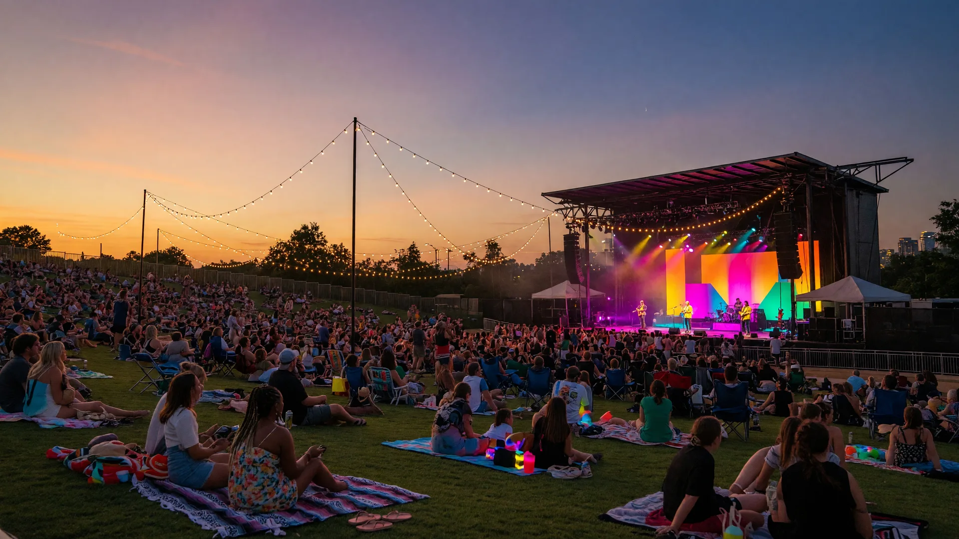 Summer evening concert at an outdoor amphitheater in Charlotte NC with crowd and colorful stage lights