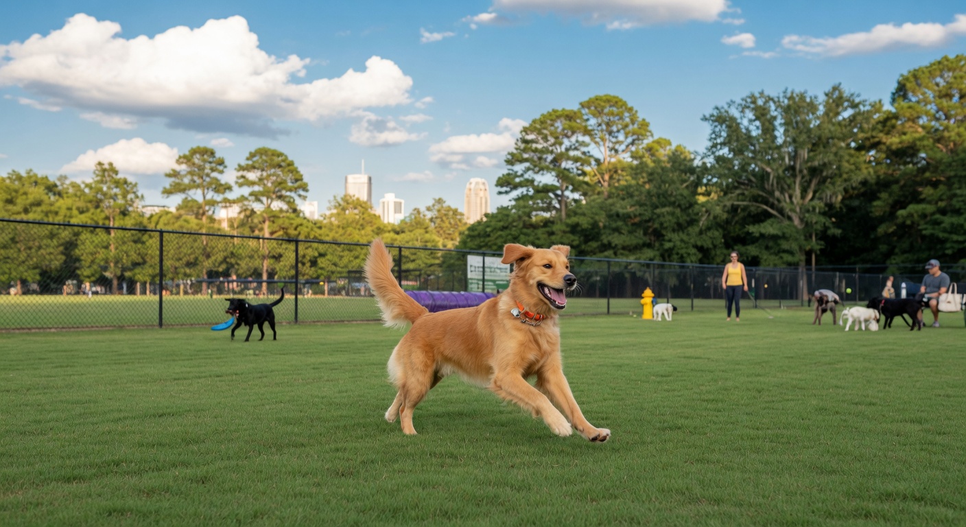Happy golden retriever playing at William R. Davie Dog Park in Charlotte NC