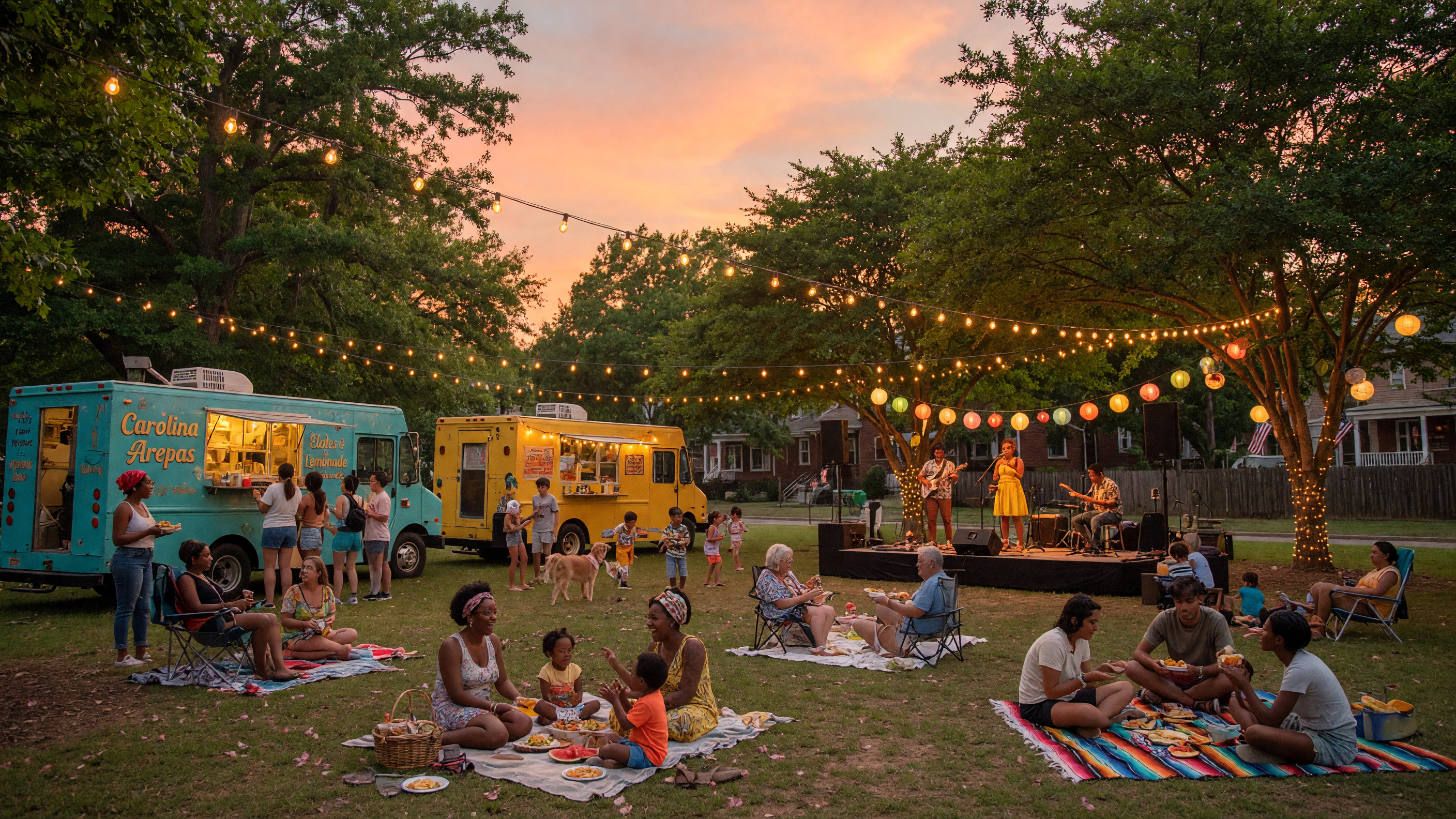 Summer evening outdoor festival in Charlotte NC with string lights, food trucks, and community gathering