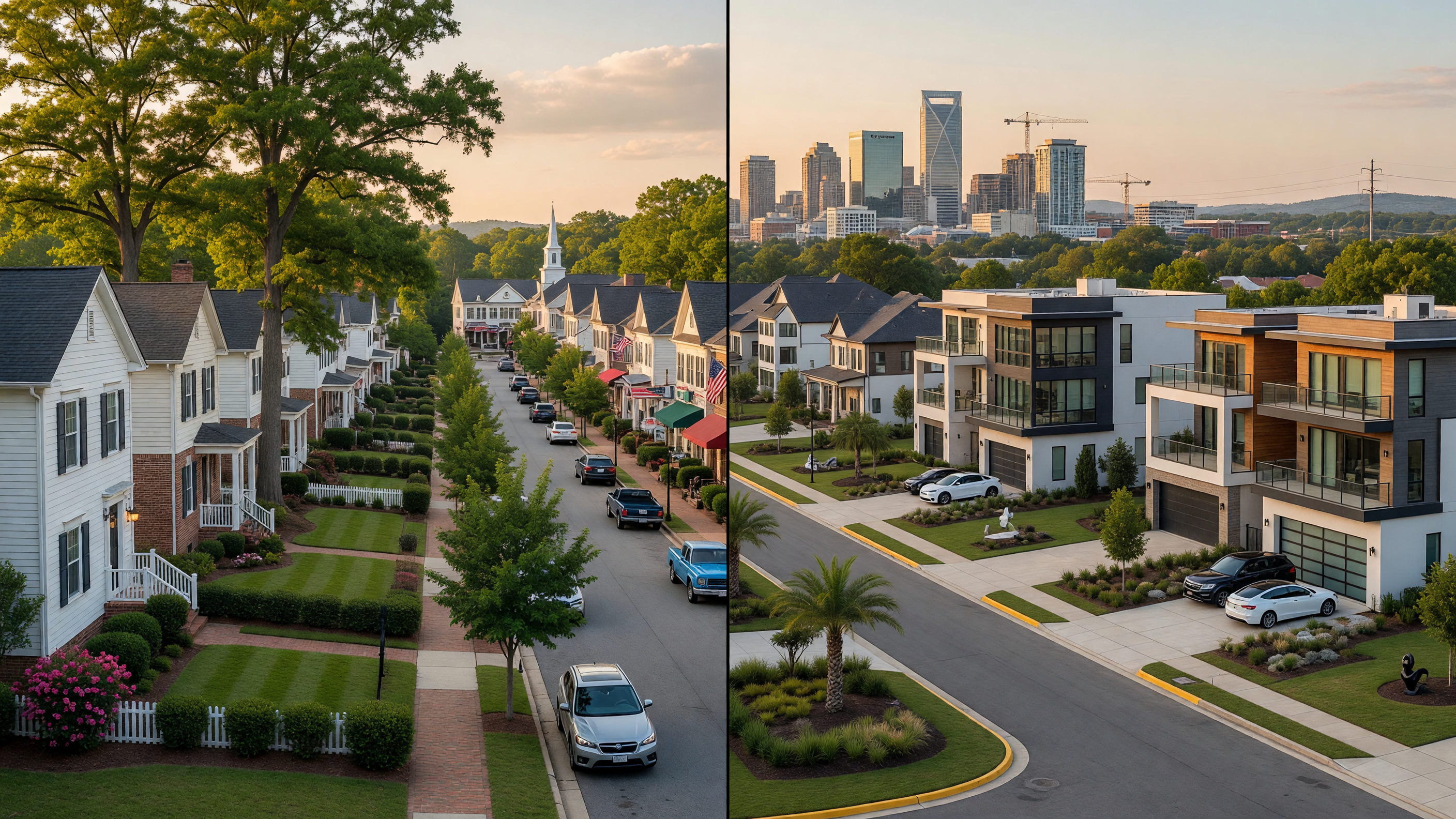 Split view of suburban neighborhoods on both sides of the North Carolina and South Carolina border near Charlotte