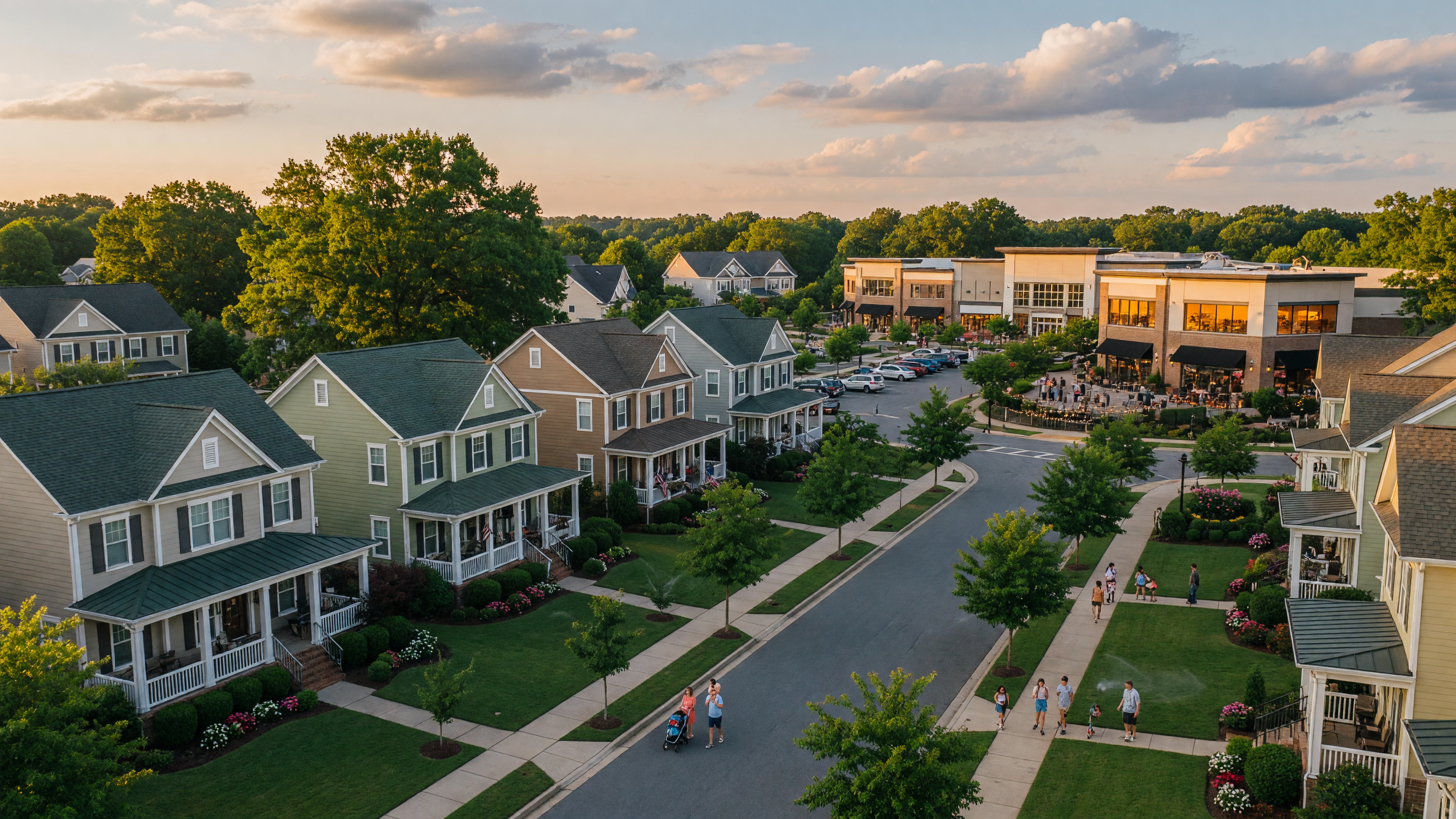 Ballantyne neighborhood in Charlotte NC 28277 with tree-lined streets, suburban homes, and shopping centers