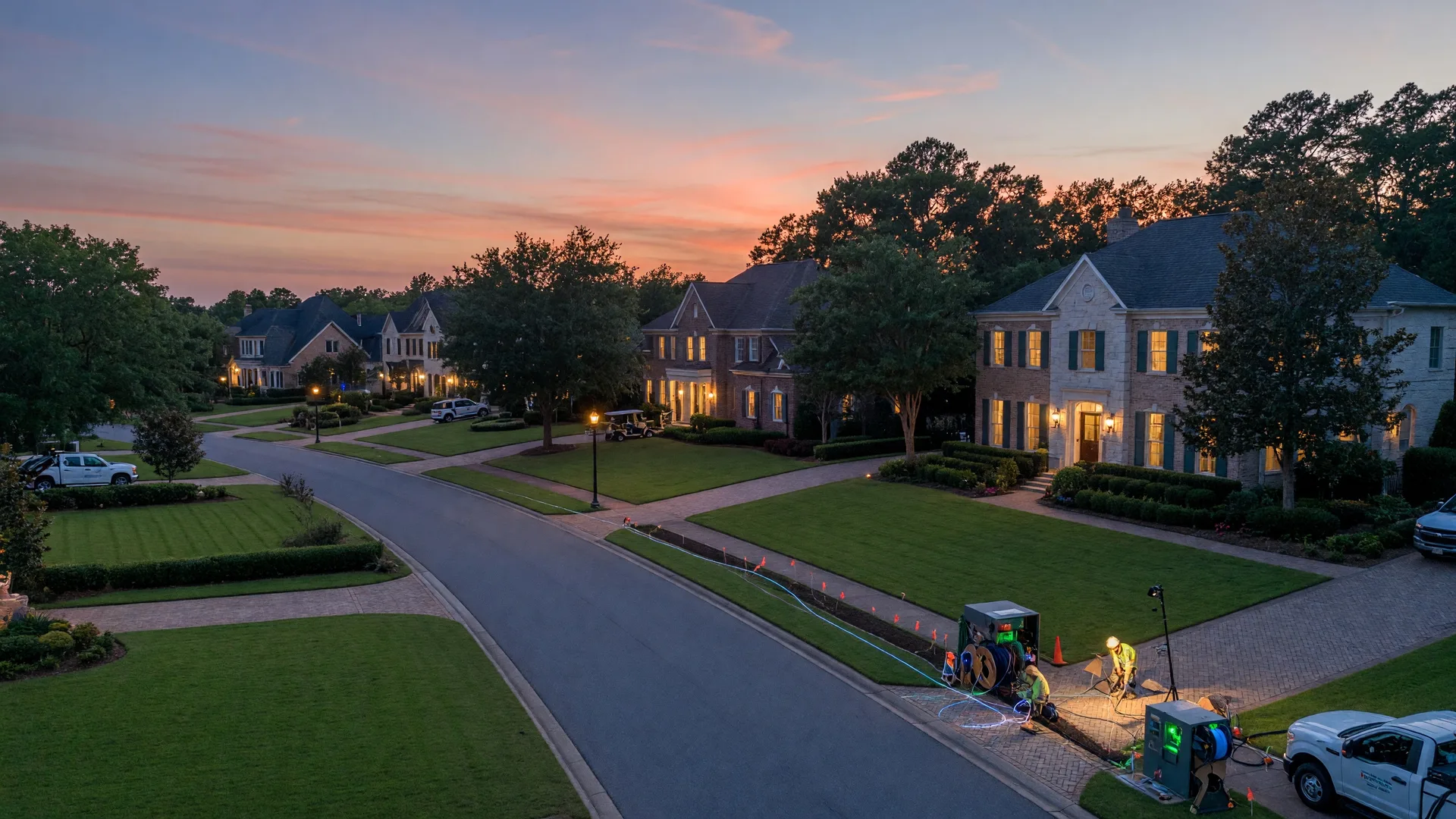 Twilight view of Chateau Elan neighborhood in Braselton Georgia with fiber optic infrastructure improvements underway