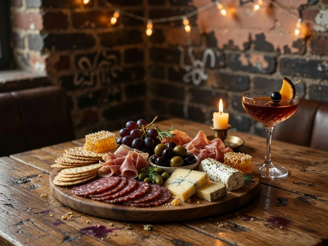 Beautifully arranged charcuterie board with artisan cheeses cured meats olives and fresh grapes alongside a craft cocktail in a cozy speakeasy lounge setting