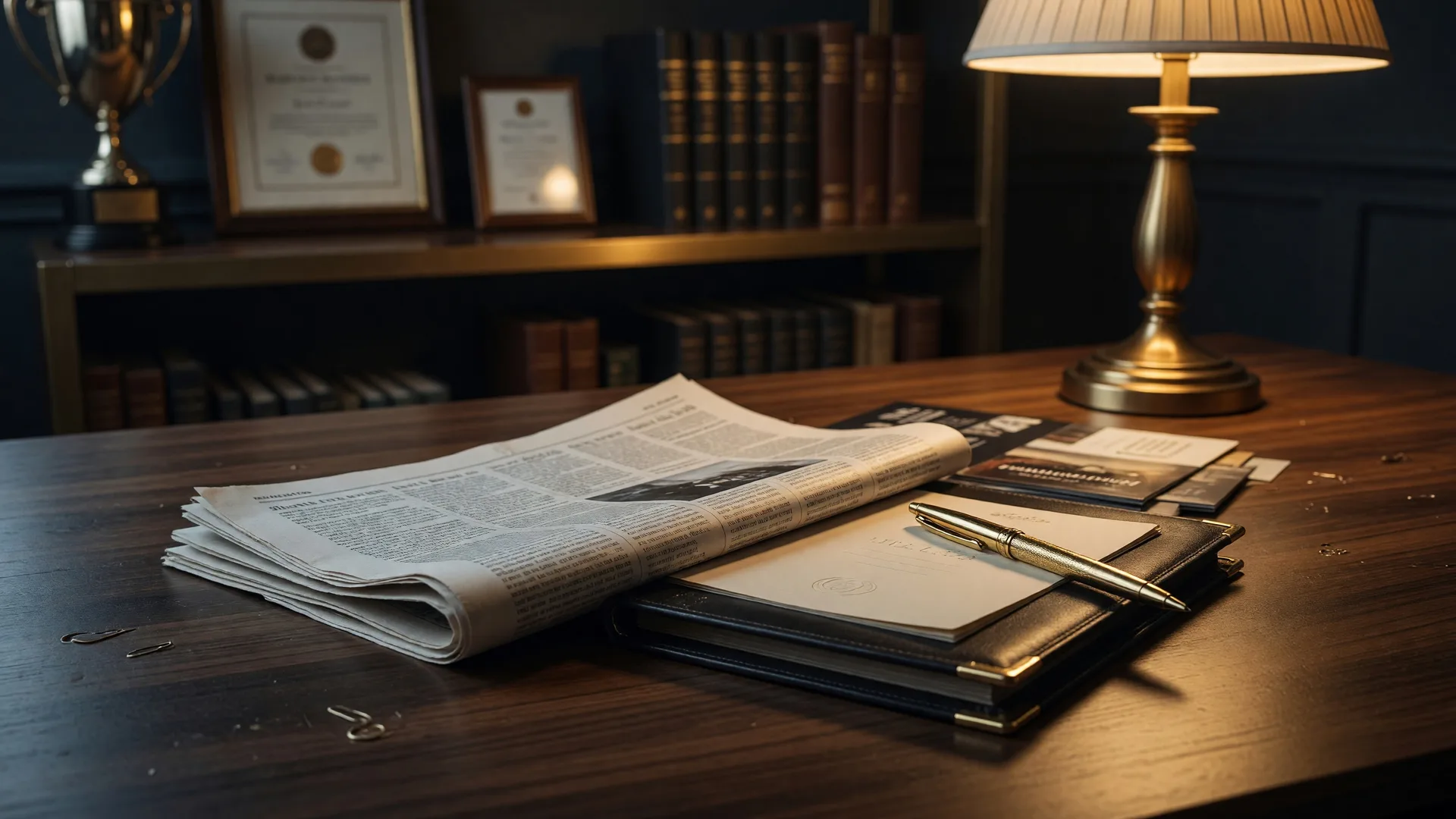 Press kit and media materials on a desk representing Lisa Harris media coverage